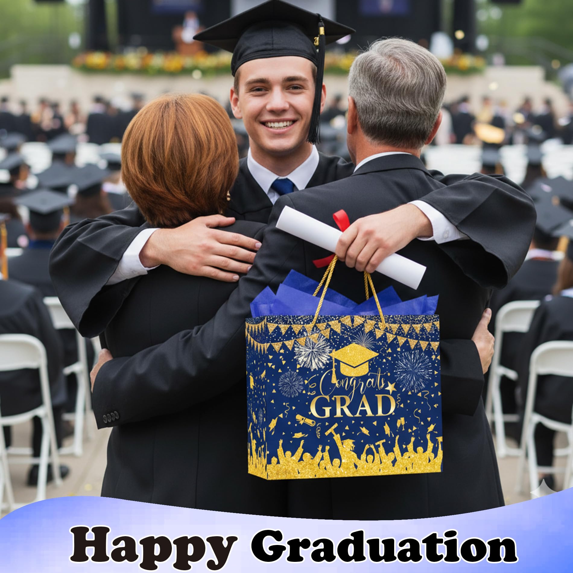 Congrats Gift Bag Class of 2026 - Graduation Gift Bag Blue and Gold Congrats Grad Bags with Card Tissue Paper Envelope Congratulations Gifts Bag for Men Women Student Teacher College Graduation 12 Inch