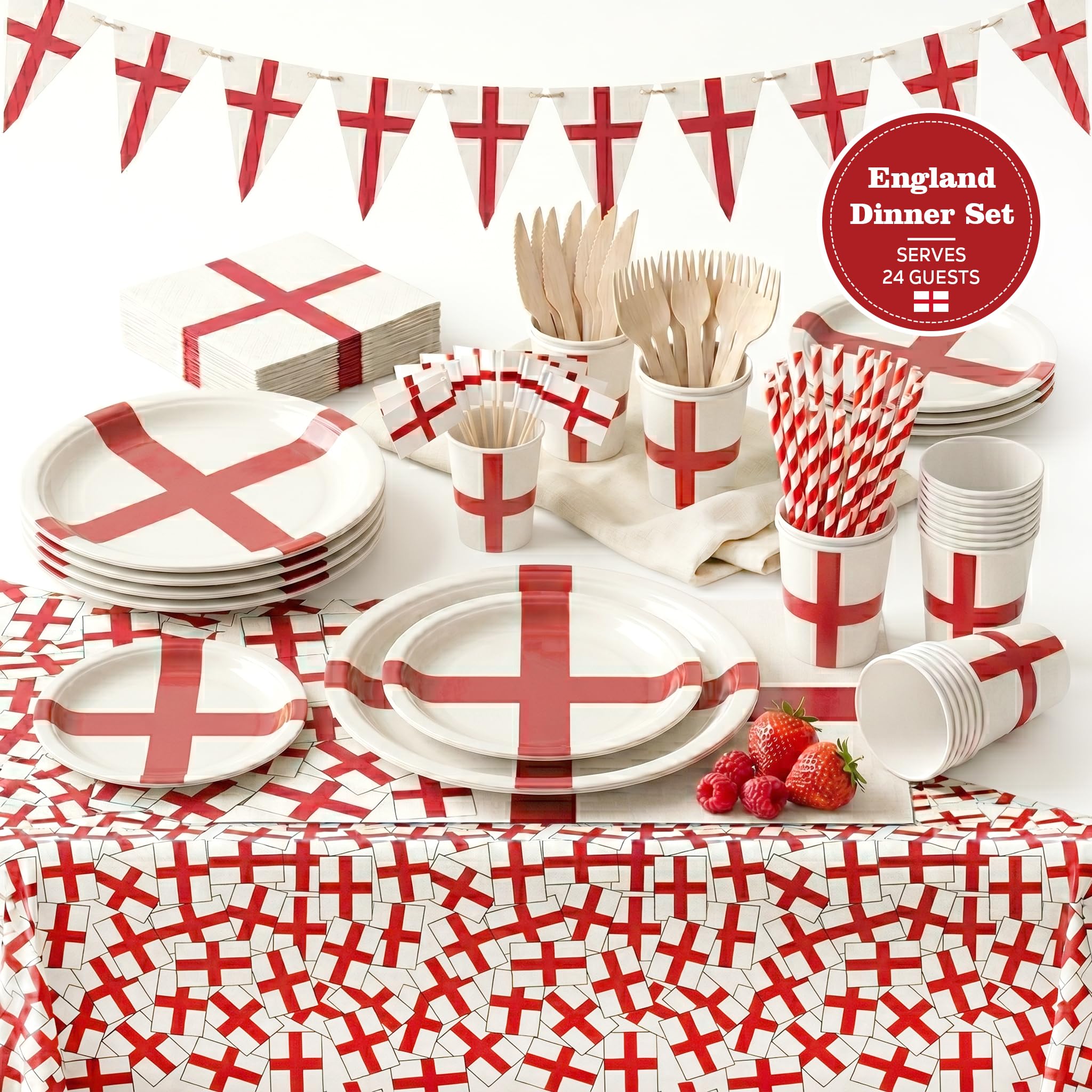 England Flag World Cup Party Tableware Dinner Set for 24 Guests – English St Georges Cross 294pcs - Disposable Dinnerware, Plates, Cups, Tablecloth, Bunting & More – Football Rugby Party Decorations