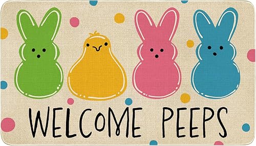 Felpudo de Pascua, alfombra de primavera con conejito y pollitos de Pascua antideslizante para interior y exterior, alfombra de bienvenida de conejo