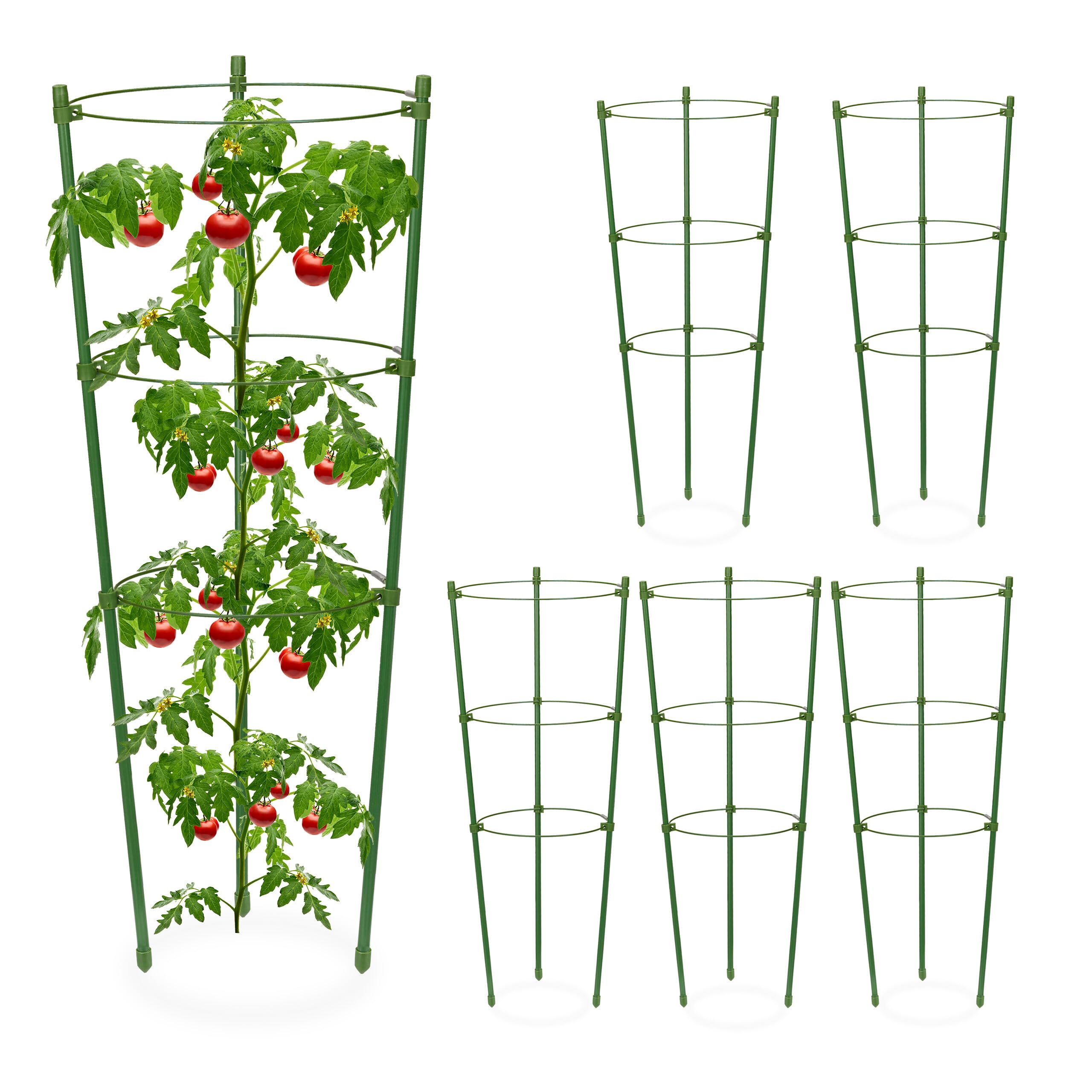 Relaxdays Tuteur à tomates, Lot de 6, 3 Anneaux, HxD : 45 x 18 cm, pour Plantes Utilitaires, métal & Plastique, Vert