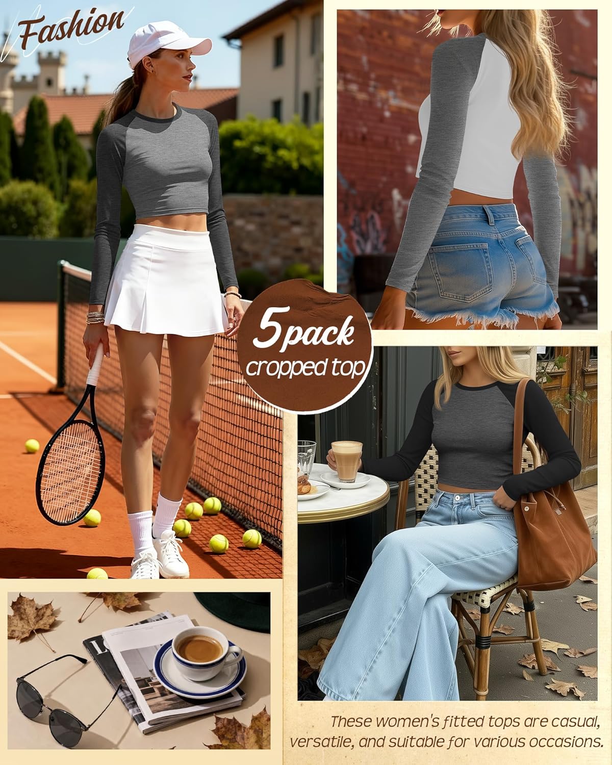 5 Pack Womens Long Raglan Sleeve Crop Tops Color Block Baseball Shirt Y2k Tee Tops - Image 4