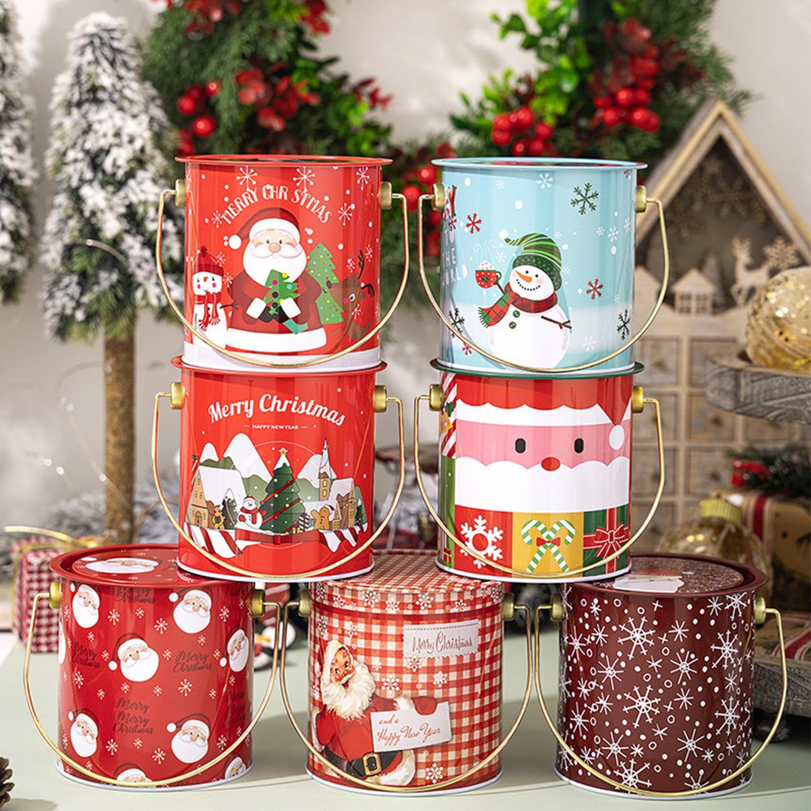 Generico Contenitori Per Biscotti Di Natale | Lattina per Dolci da 7 Pezzi | Contenitore Per Dolci Di Natale Con Maniglia E Coperchio,Per Caramelle, Cottura Al Forno, Pasticceria, Esposizione, Conservaz
