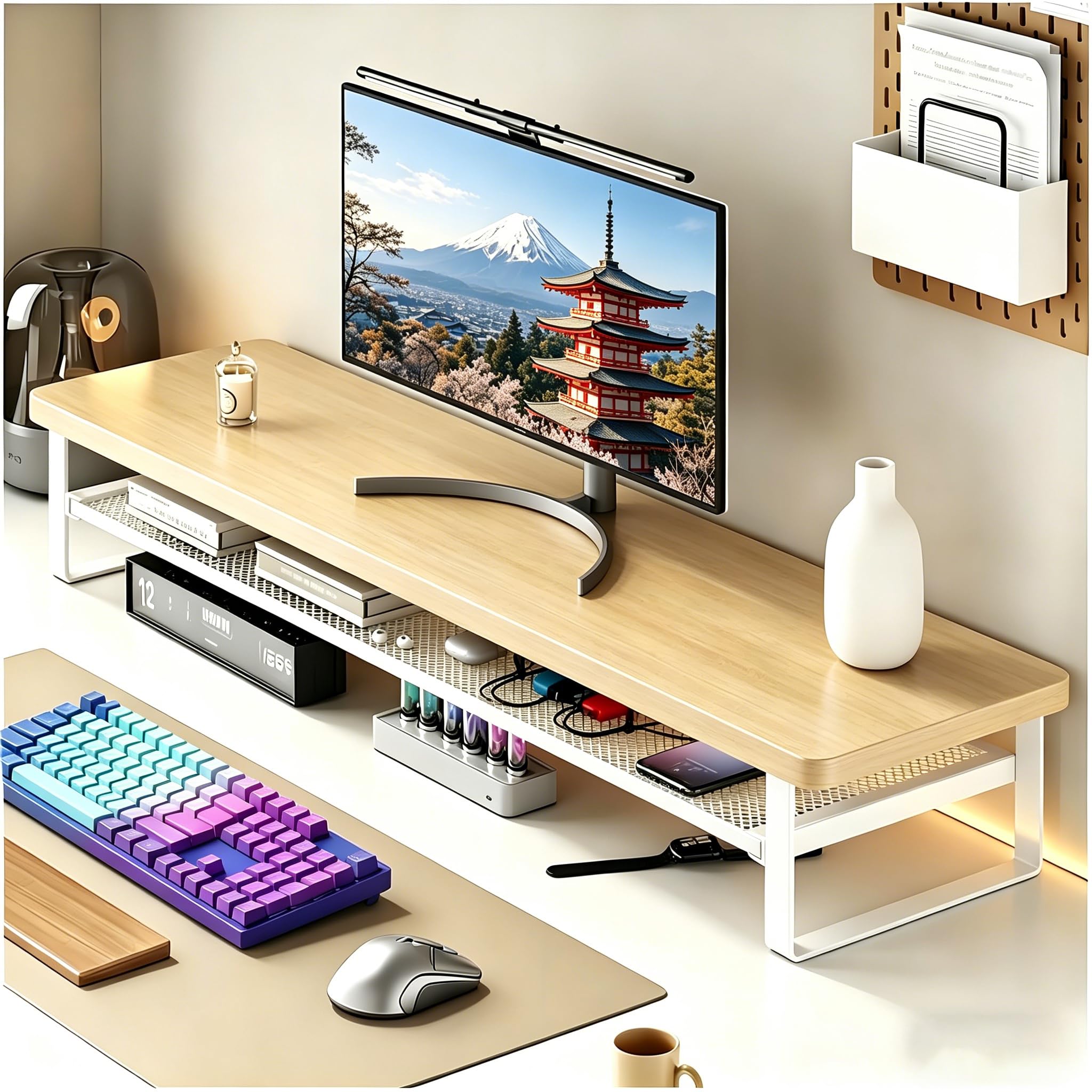 SCOCCA モニター台 卓上モニター台 引き出し pc台 デスクシェルフ 2段収納 引出し付き 耐荷重30kg スライドトレー 目線アップ 書類/キーボード収納 組立簡単 家 オフィス対応 (100*22*15cm) (ナチュラルウッドカラー)