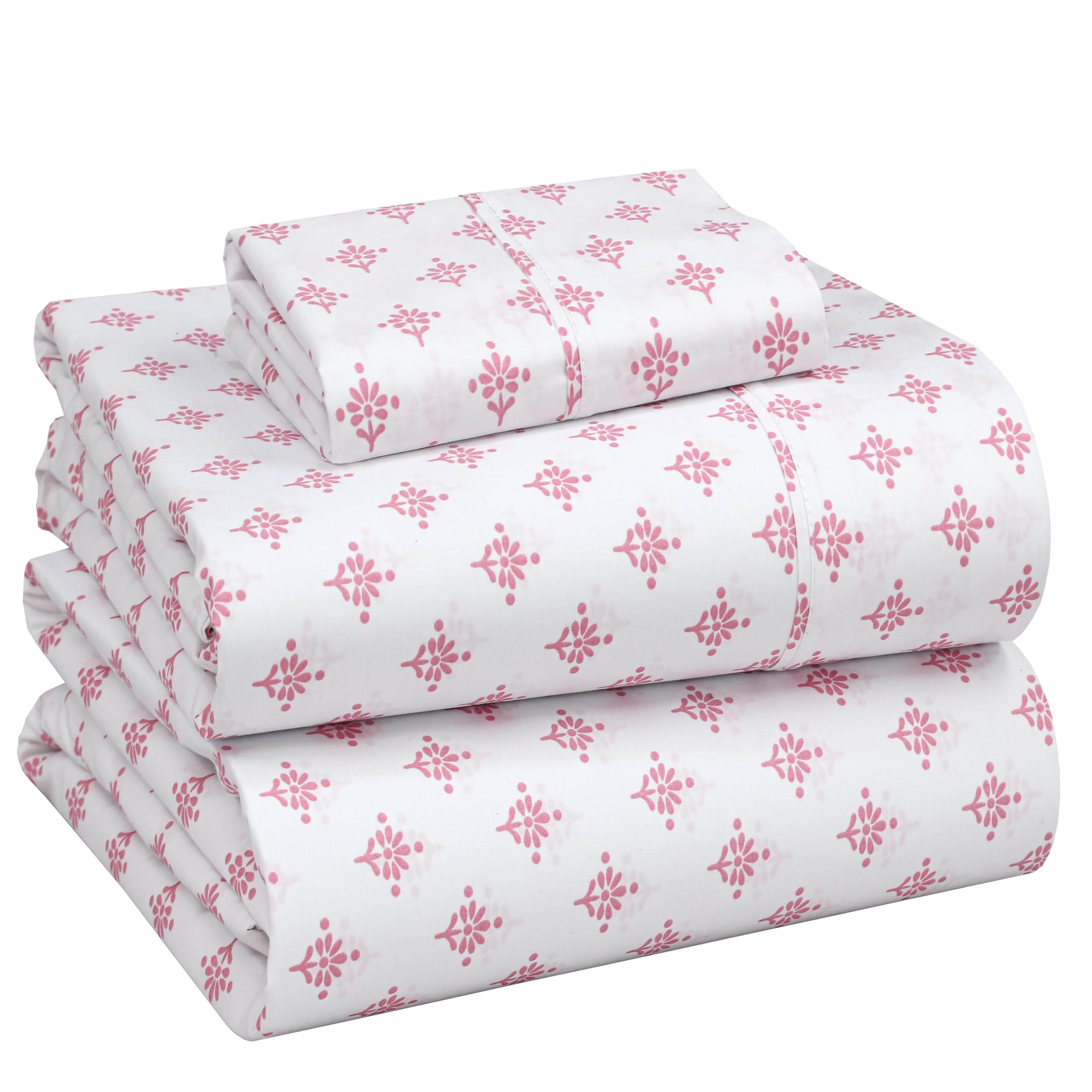 RUVANTI 100% Cotton Percale Sheets Twin Size – Crisp Cooling Bed Sheets for Hot Sleepers, Deep Pocket 16”, Soft Breathable & Durable Hotel-Style 3 Piece Set, Block Print Motif