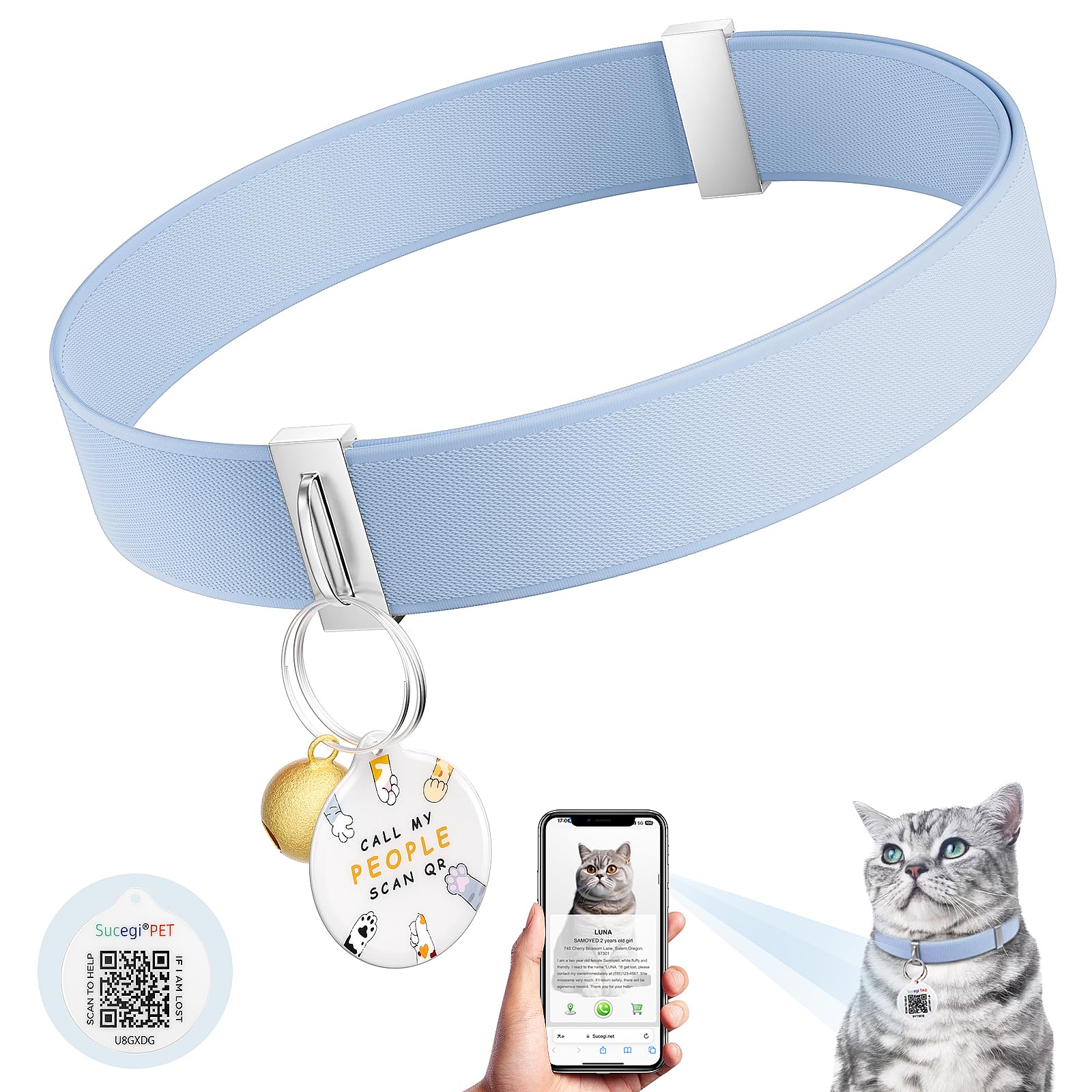 Cat Collar with Bell, Stretch Elastic Quick Release, Modifiable Pet Online Profile Page, Multiple Emergency Contact, Non Breakaway Lightweight Kitten