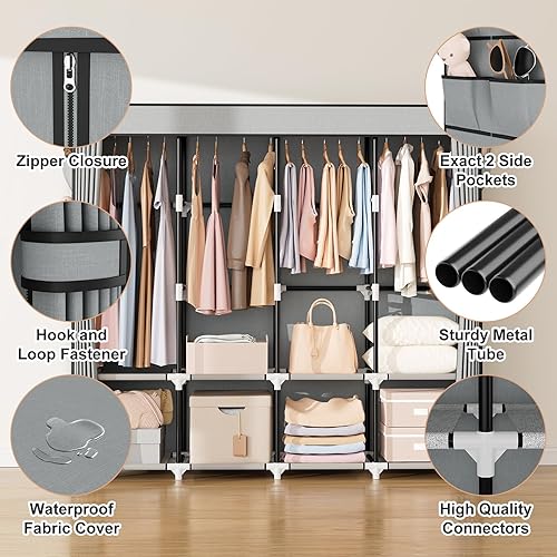 Miniatura 4 de VTRIN Armario portátil para colgar ropa de 67 pulgadas de ancho, gran capacidad, armario portátil con cubierta, 4 estantes de almacenamiento y 4 Gris