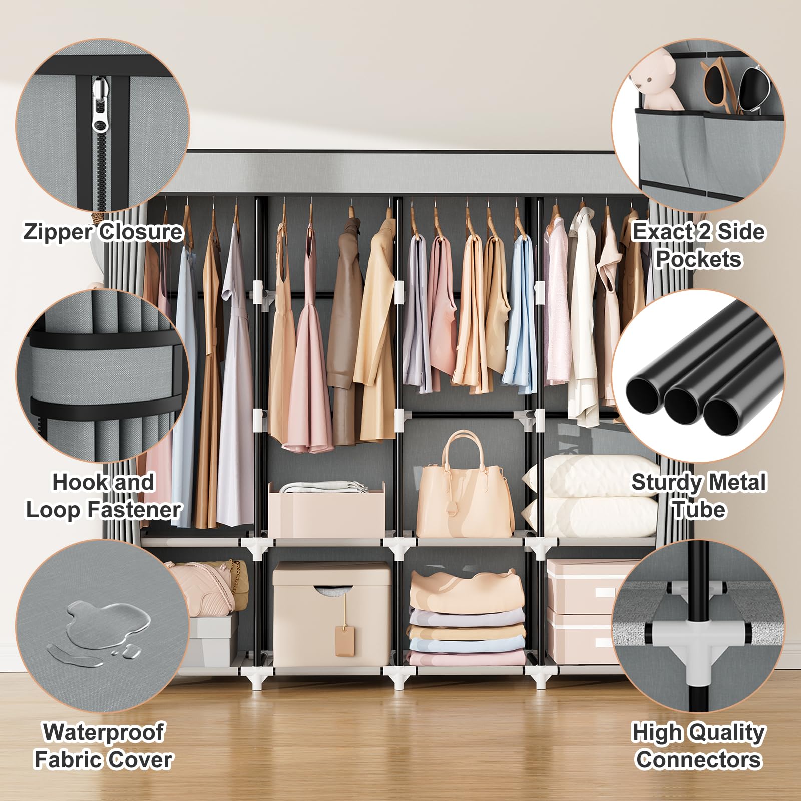 VTRIN Tragbarer Kleiderschrank, 170 cm breit, großes Fassungsvermögen, tragbar, mit Abdeckung, 4 Ablageböden und 4 Hängestangen, robuster Schlafzimmerschrank, Grau