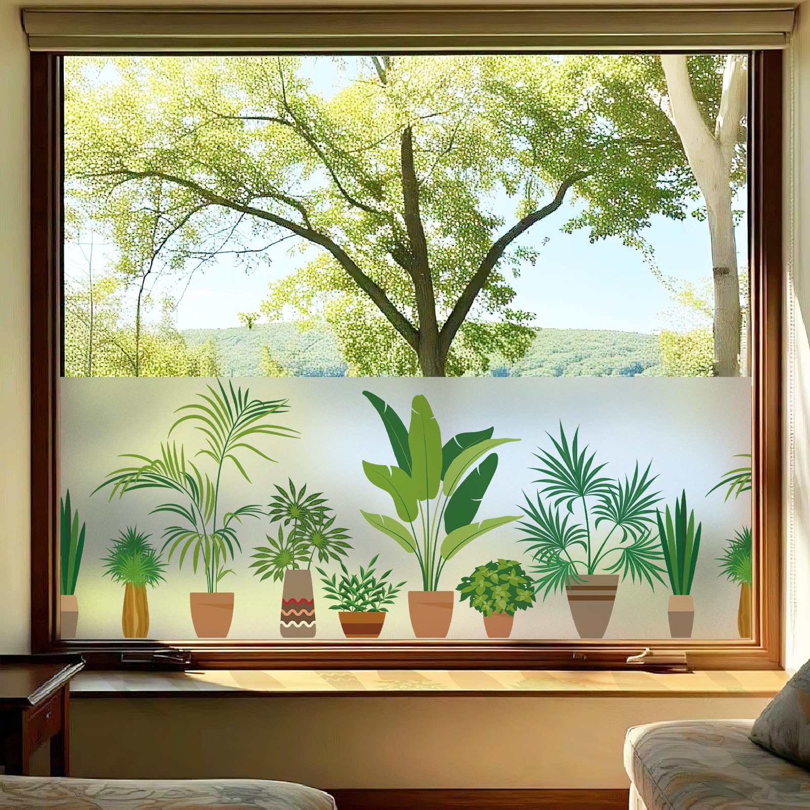 dktie Statisch haftende Fensterfolie, Mattiert Sichtschutzfolie mit Buntem Topfpflanzen-Muster, Anti-UV Blendfreier Sonnenschutz Folie, Fensteraufkleber für Wohnzimmer Küche Büro 90x200cm