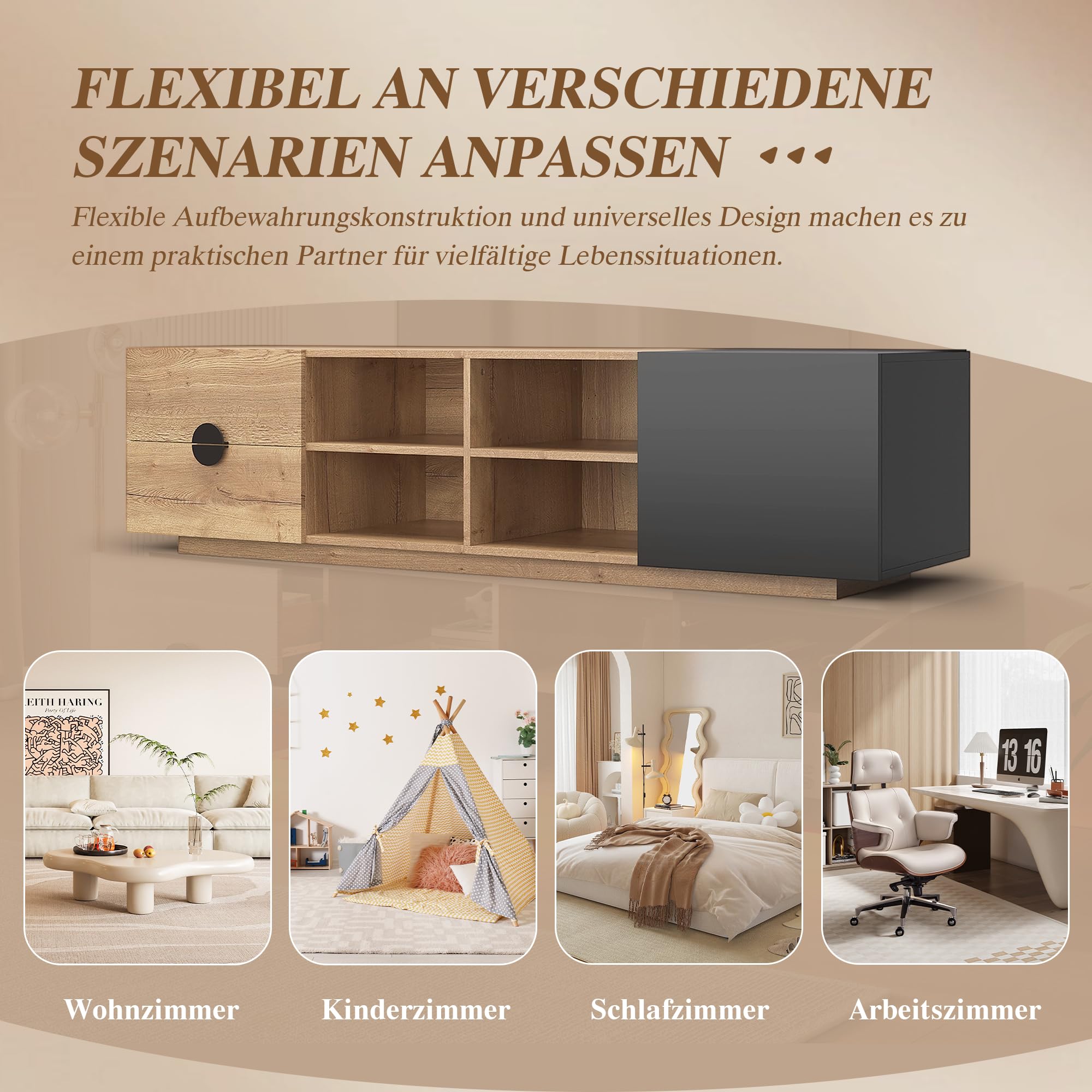 TV Schrank bis 80 Zoll, TV Lowboard mit LED, Fernsehtisch mit Offener Stauraum, TV Board, Fernsehschrank, Sideboard, für Schlaf- und Wohnzimmerschrank, Hochglanzdesign, 180cm, Schwarz