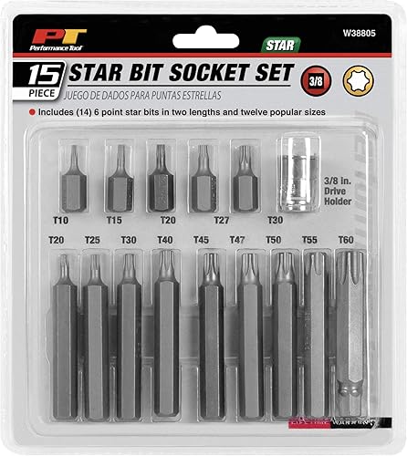 Performance Tool W38805 - Juego de puntas de estrella de 6 puntos de 38 pulgadas, 26 piezas con soporte, construcción de acero al cromo vanadio,