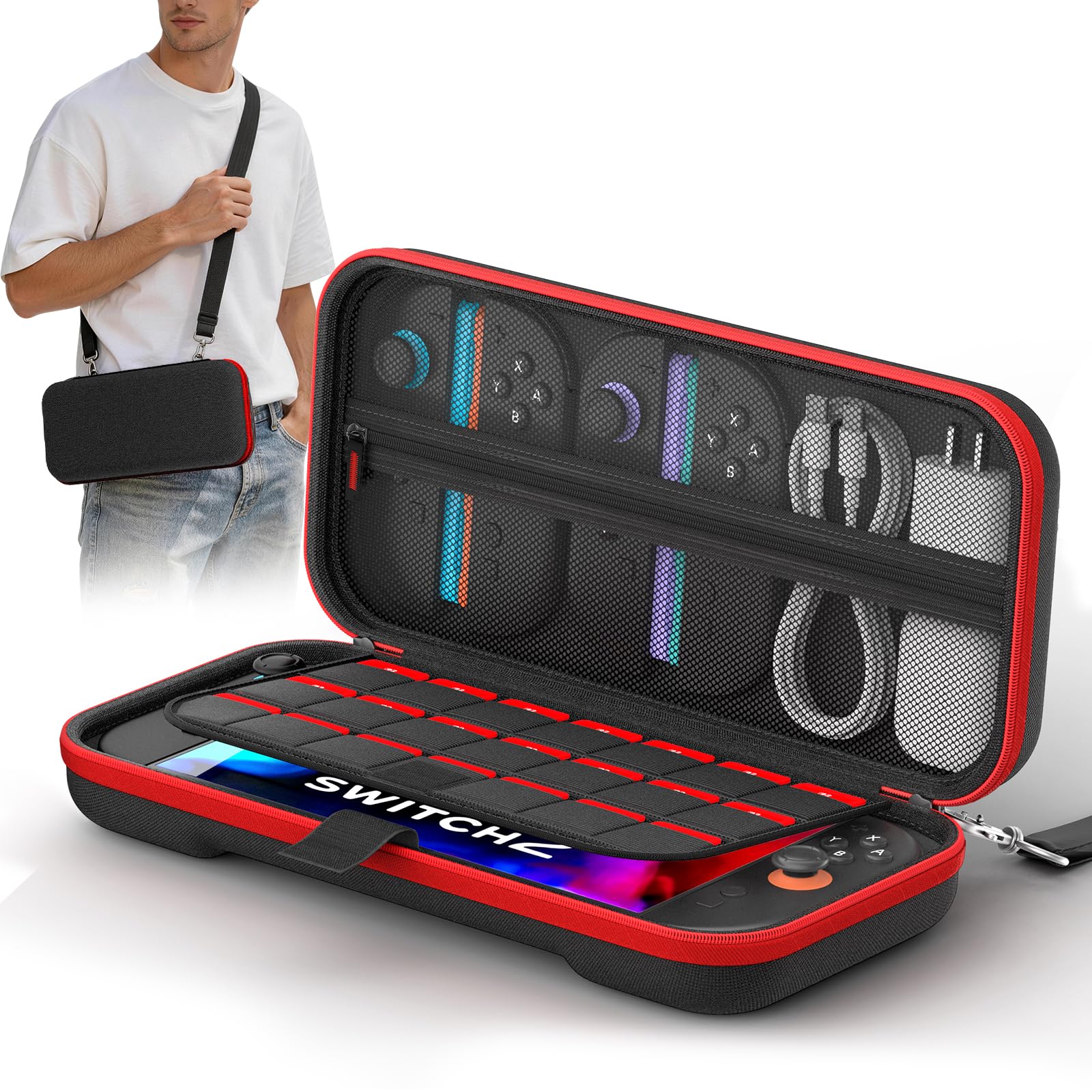 COOLSTONE Switch 2 Case with 20 Game Card Slots & Adjustable Shoulder Strap | Hard Shell Soft Crystal Velvet Interior Switch 2 Carrying Case,Scratch-proof & Shockproof Portable Travel Storage Bag