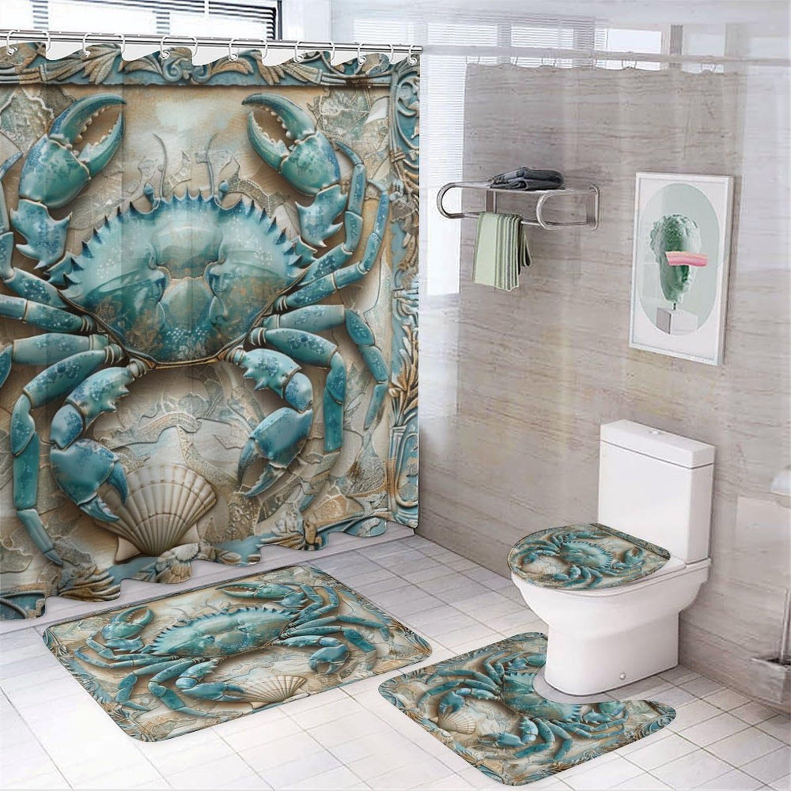 DIPQIMI 4Pcs Retro Crab Shell Shower Curtain Sets with Rugs, Toilet Lid Cover and Bath Mat, 3D Marine Animal Bathroom Shower Curtains Set with 12