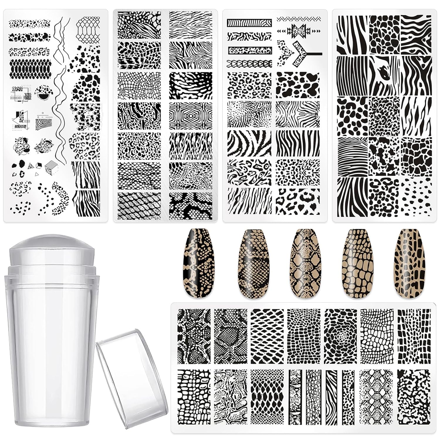 5pcs Nail Stamp with Nail Stamper and Scraper, Leopard & Snake Print Nail Stamping Plates Nail Art Stamp Nail Stamps Plates Nail Stencils Template for DIY Nail Art Accessories