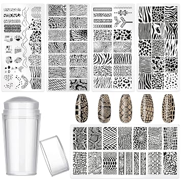 5pcs Nail Stamp with Nail Stamper and Scraper, Leopard & Snake Print Nail Stamping Plates Nail Art Stamp Nail Stamps Plates Nail Stencils Template for DIY Nail Art Accessories