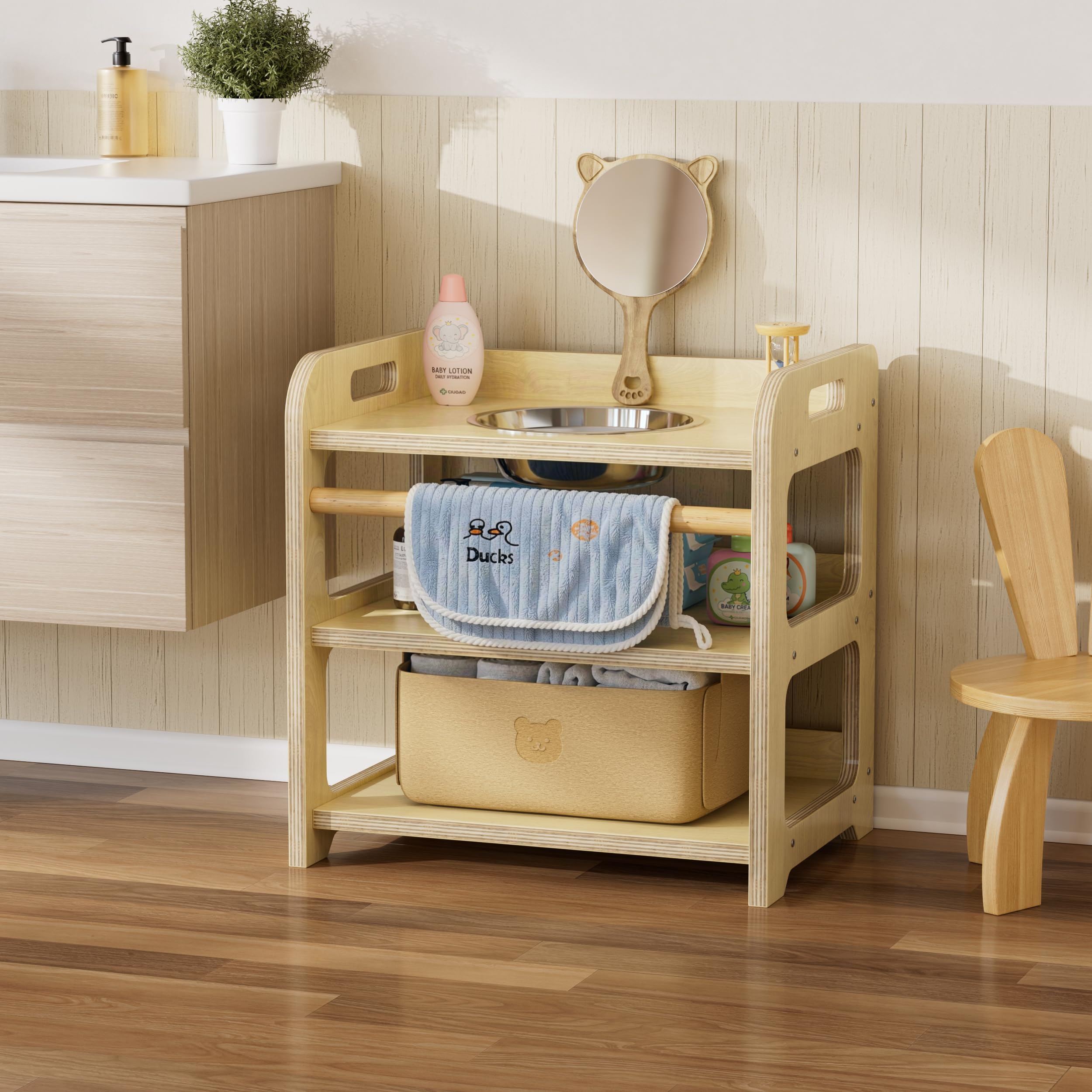 MSFE Lavabo Montessori con Espejo de Oso,Reloj de Arena,Toalla y Cesta,Marco de Lavabo Infantil de Madera para Ayudar al Niño a Experimentar la Higiene Personal e Autonomía con Diversión,35*50*50CM