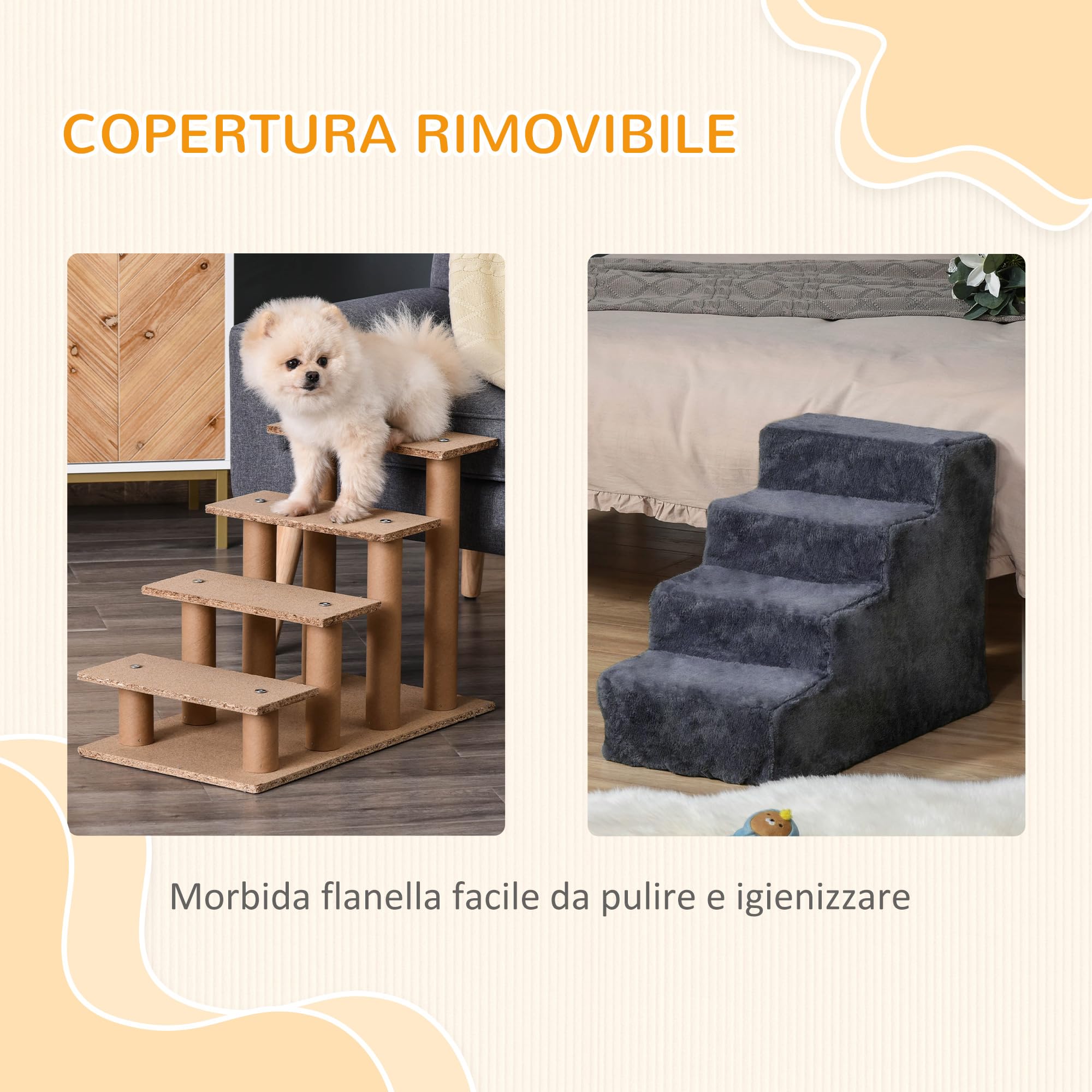 PawHut Scala per Cani a 4 Gradini, 60x35x44 cm Scaletta per Cani e Gatti di 10 KG in Tessuto Vellutato Sfoderabile e Lavabile, Grigio Scuro