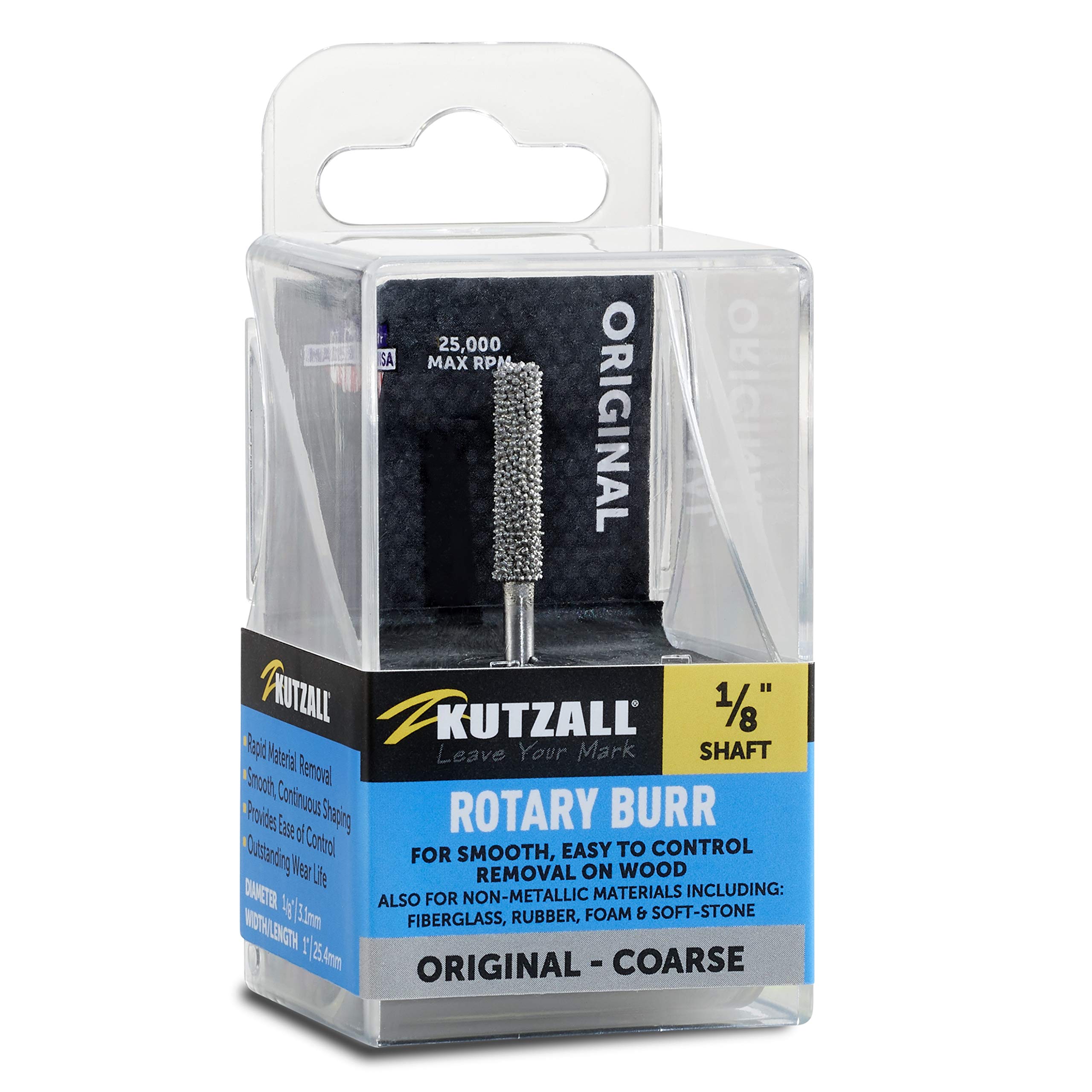 Original Cylinder Rotary Burr, 1⁄8" Shaft, Coarse - Wood Carving Bit for Dremel, Foredom, DeWalt, Milwaukee. Abrasive Tungsten Carbide, 1⁄8" (3.1mm) Dia. X 7⁄8" (22.2mm) Length, C-18-E