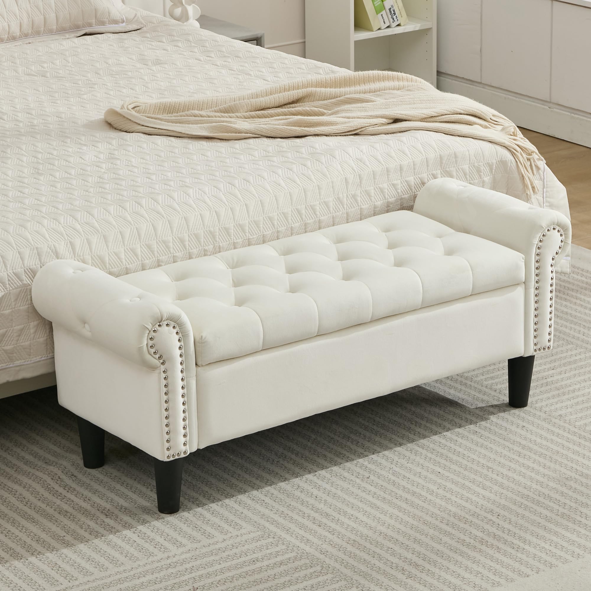 SOFTHION Storage Bench, 50" Queen End of Bed Bench, Velvet Tufted Button Upholstered Bedroom Bench, Storage Ottoman with Rolled Arms, Window Bench