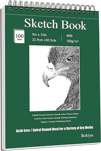Bokiya Cuaderno de bocetos de 9 x 12 pulgadas para niños, niñas, niños, adolescentes, regalo, papel de dibujo encuadernado en espiral superior, 100