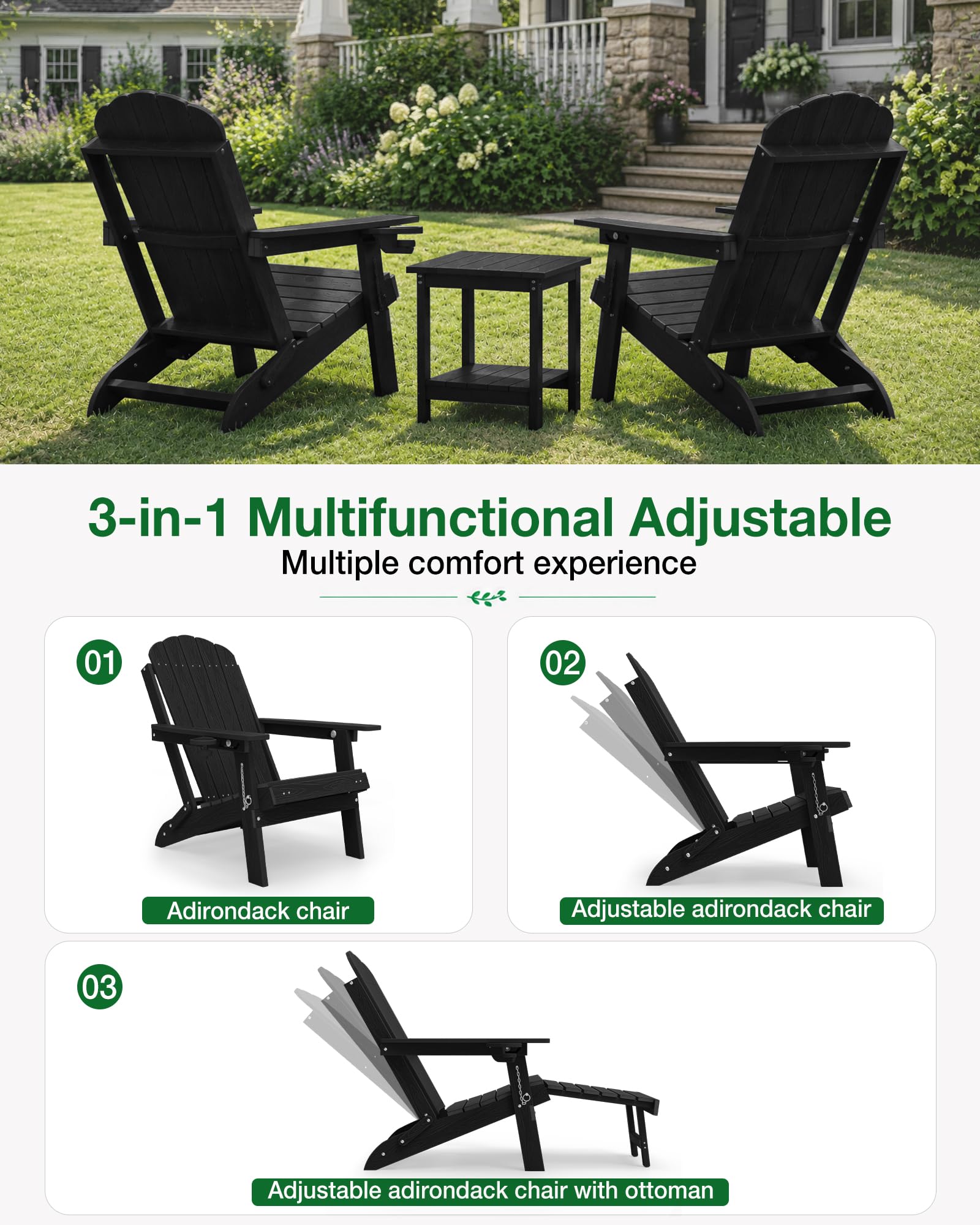 MXIMU Adirondack Stuhl Klappbar für Garten: Adirondack Chair Kunststoff mit Fußstütze & 3-Fach Verstellbarer Rückenlehne - Wetterfest HDPE Outdoor Stuhl für Balkon/Terrasse/Pool/Beach(Schwarz)