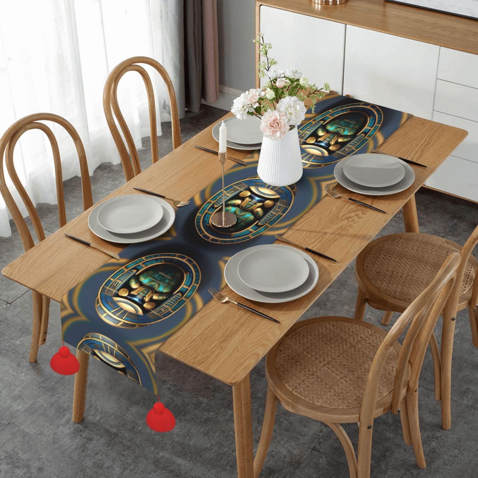 Chemin de table Noël et cuisine avec motif rustique scarabée égyptien
