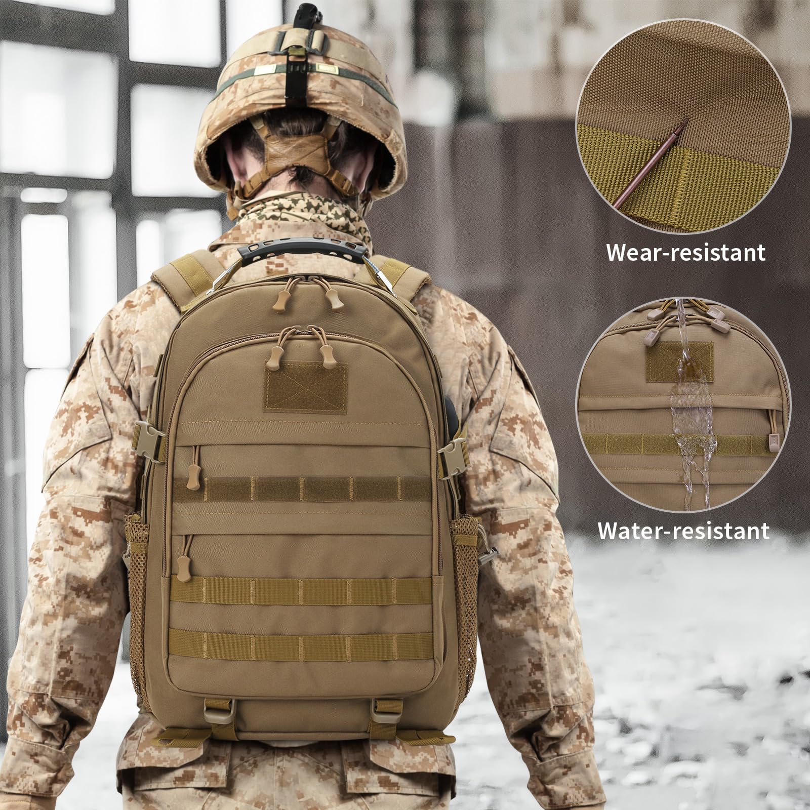 HUNTVP Mochila táctica militar de 40 L, mochila grande del ejército de 3 días, mochila de asalto Molle, mochila de caza WR, Marrón oscuro, Mochila táctica Militray, mochila táctica de senderismo