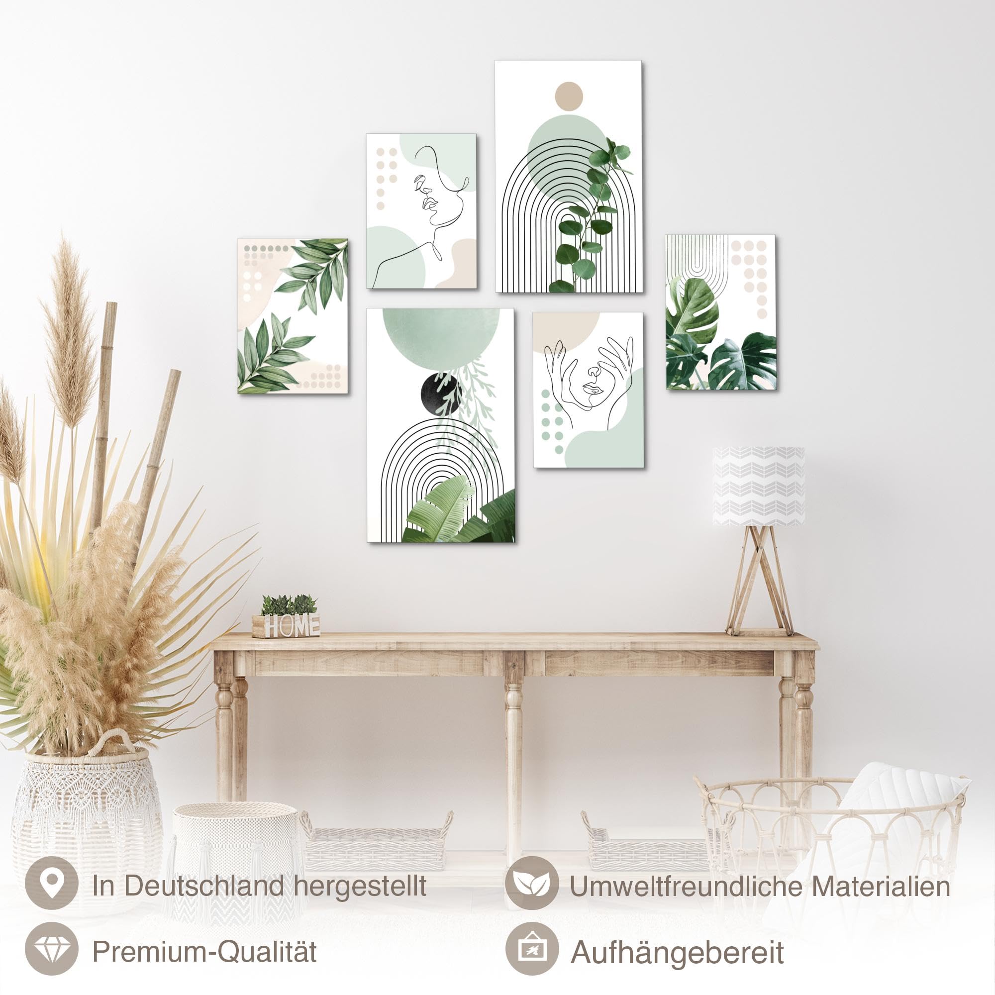 Novart Wandbilder Abstrakt Figuren Blätter - KOMPLETT AUFHÄNGFERTIG - Beige Weiss Grun Wohnzimmer Schlafzimmer Flur - 6 Moderne Mood-Bilder - N034067a