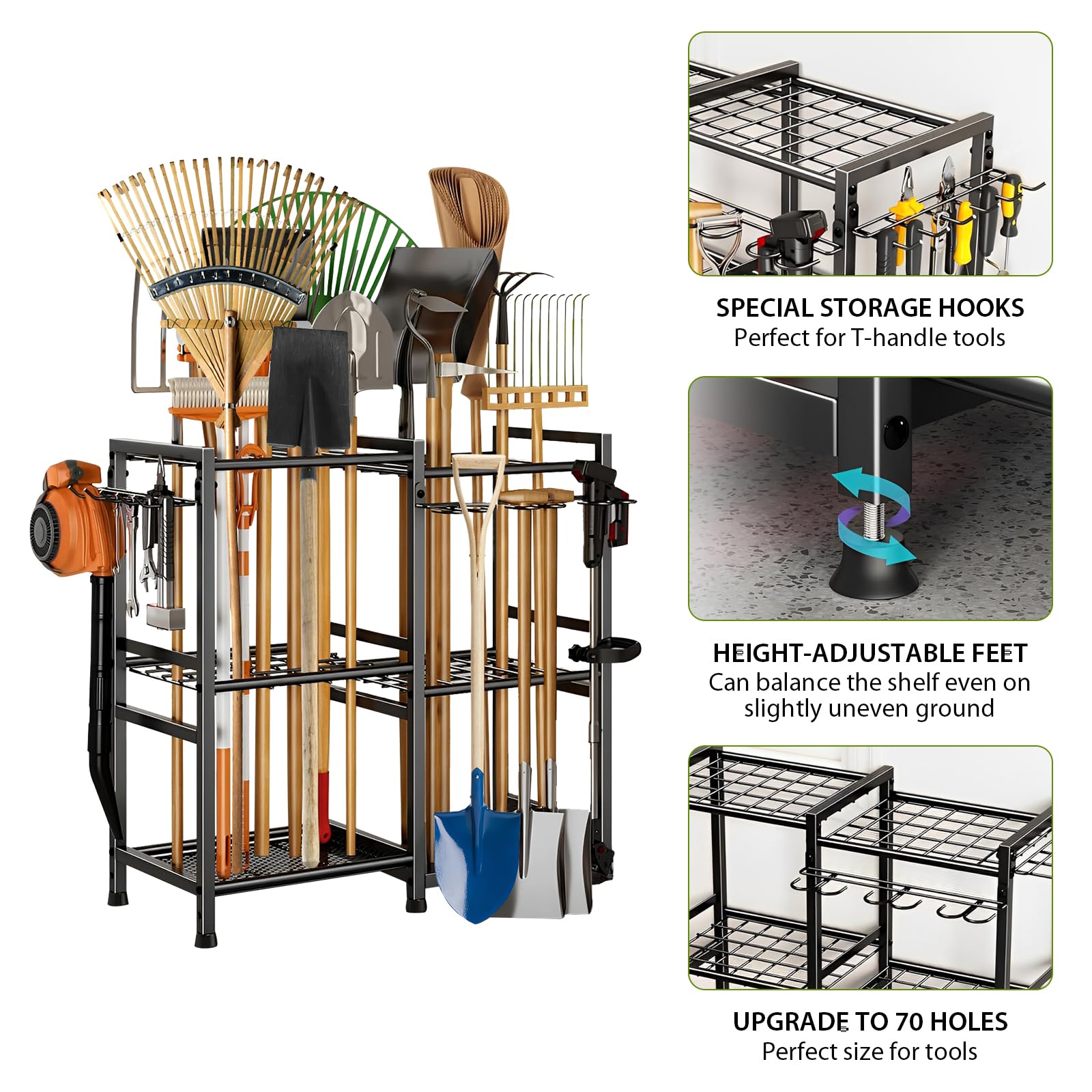 Estante móvil de almacenamiento de herramientas de jardín, estantes de metal de 3 niveles, soporte de almacenamiento de garaje, estante de fregona comercial, sostiene herramientas, palas, rastrillos