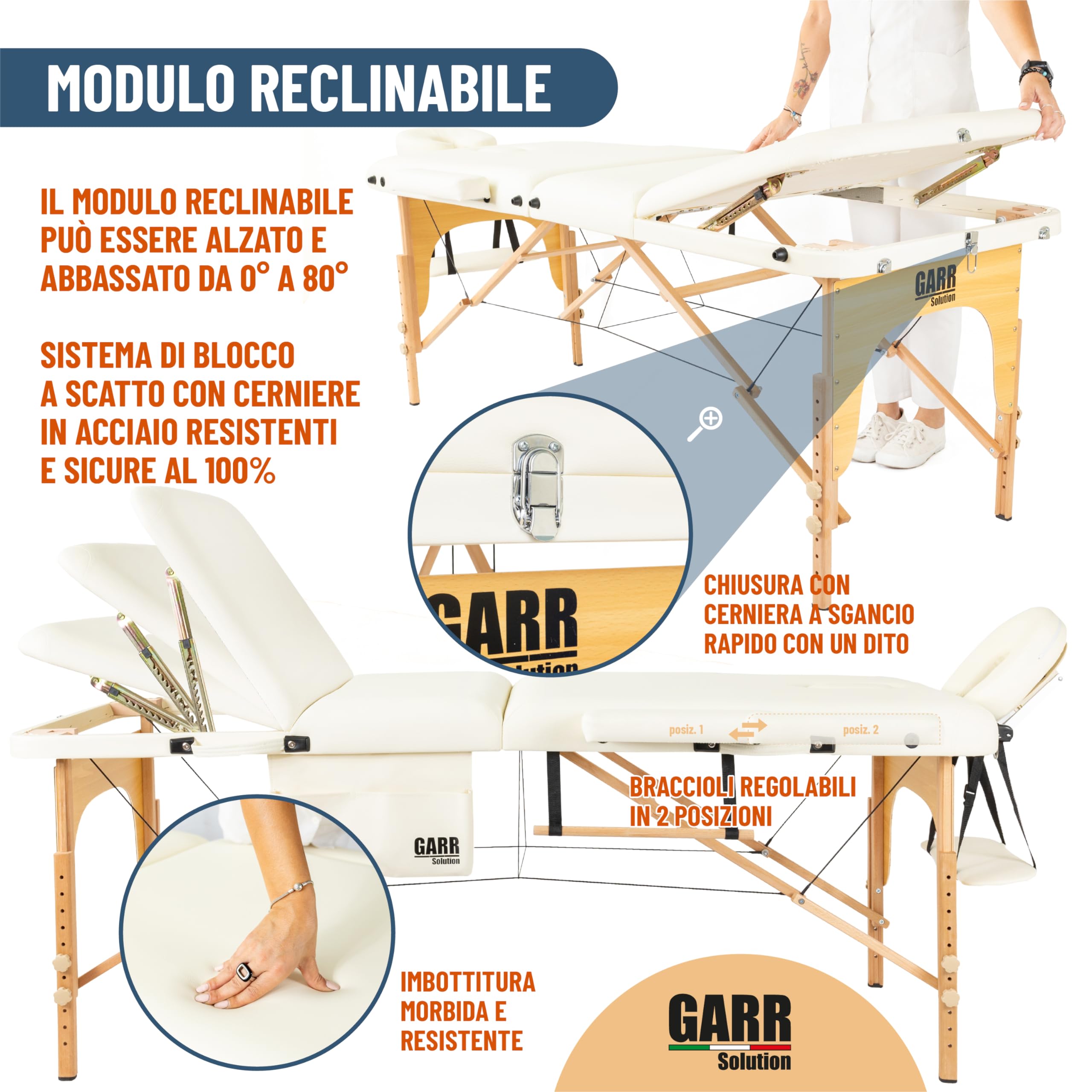Lettino Massaggio Portatile 3 Zone in Legno, Professionale, Pieghevole e Leggero - 185x70 H62/87cm - con Porta Rotolo e Accessori - Adatto per Estetista, Fisioterapia e Tattoo - Crema
