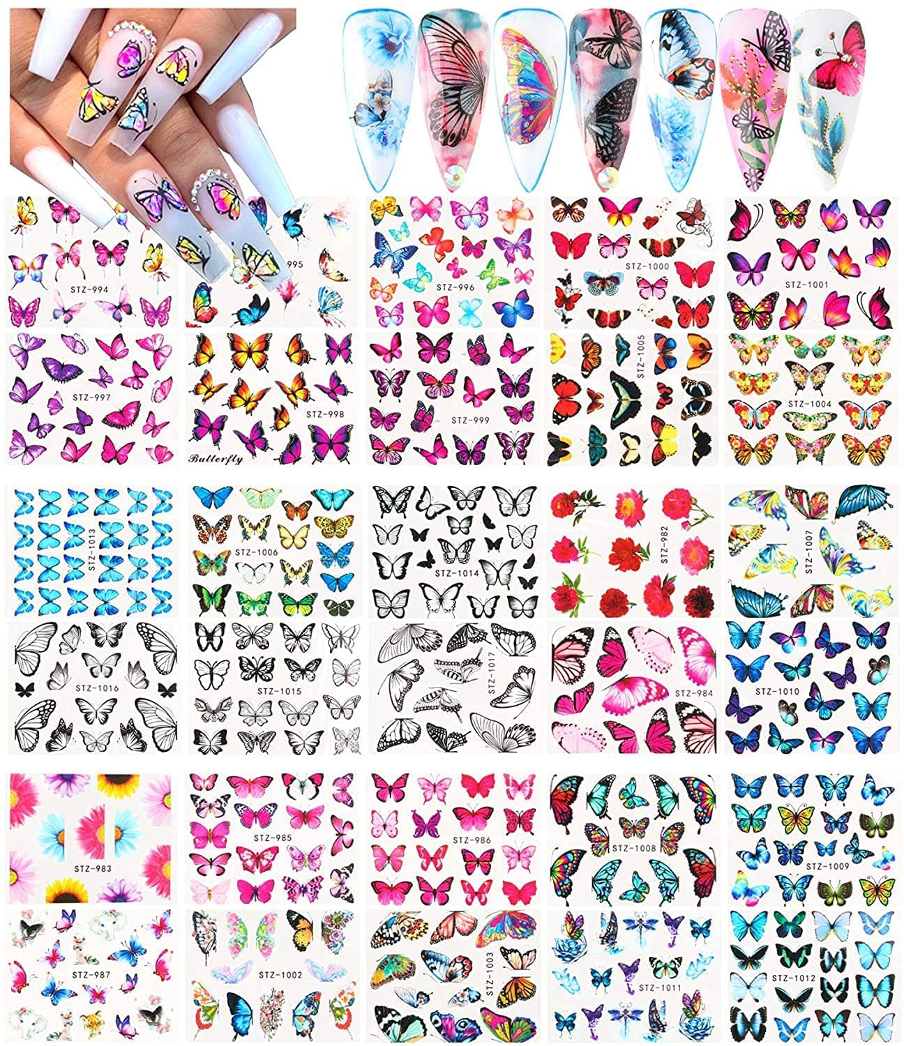 100 Sheets Nail Art Stickers Nail Stickers Self-Adhesive Water Transfer DIY Nail Decals Butterfly, Flowers, Feathers etc for Nails Design Manicure Tips Decor.