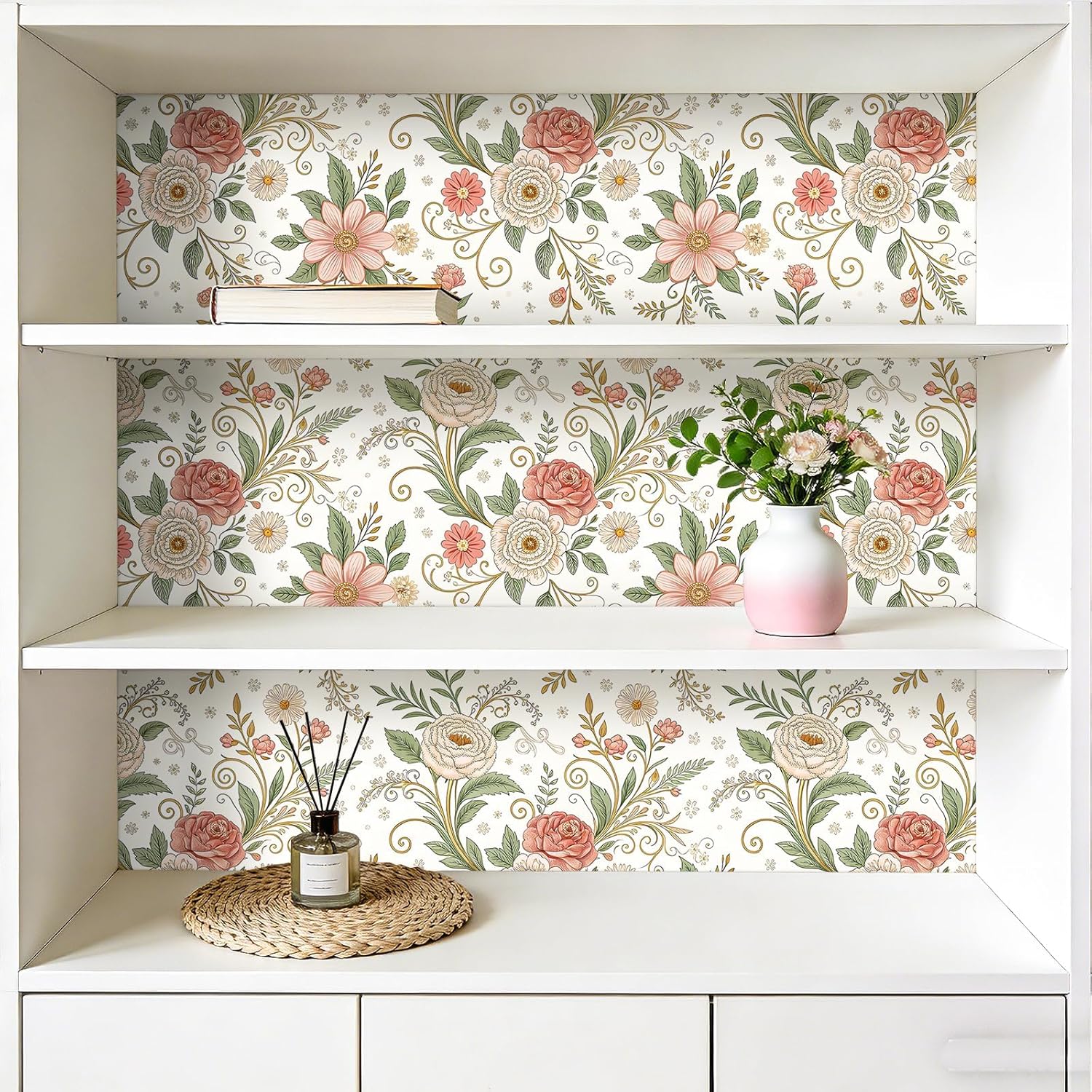 Decotalk White and Pink Floral Wallpaper Peel and Stick 17.5x120 Inch Vintage Floral Wallpaper for Bathroom Bedroom Wall Paper Self Adhesive Pink and White Wildflowers Contact Paper for Cabinets
