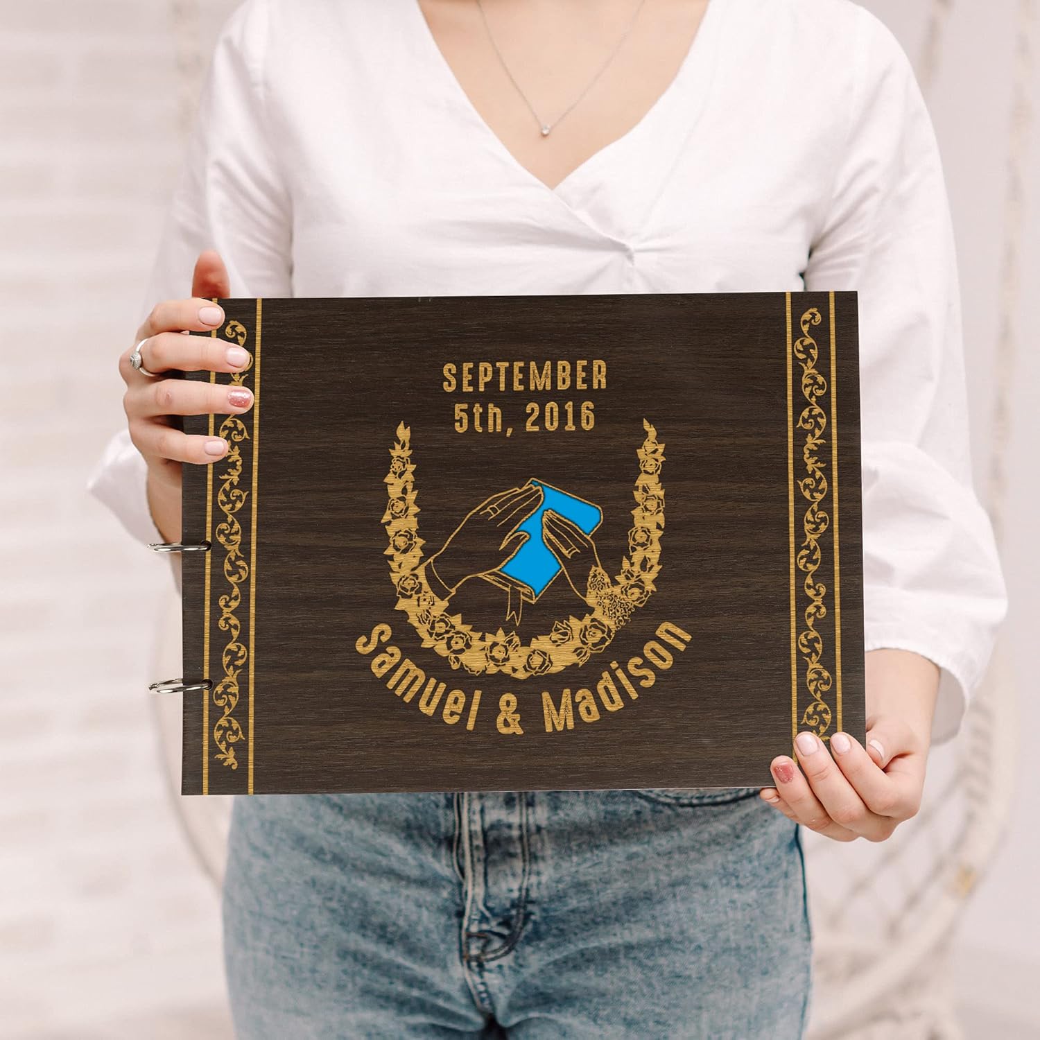 Darling Souvenir Personalized Engraved Laser Cut Wedding Guest Book Wooden Cover Sign-in Book Registry Guestbook Scrapbook-VN