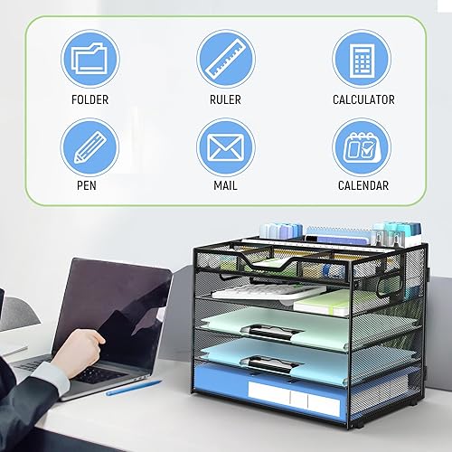 Vista 7 de Docnest Organizador de escritorio de malla de 5 niveles, bandeja de cartas con compartimentos ajustables, almacenamiento de escritorio de malla