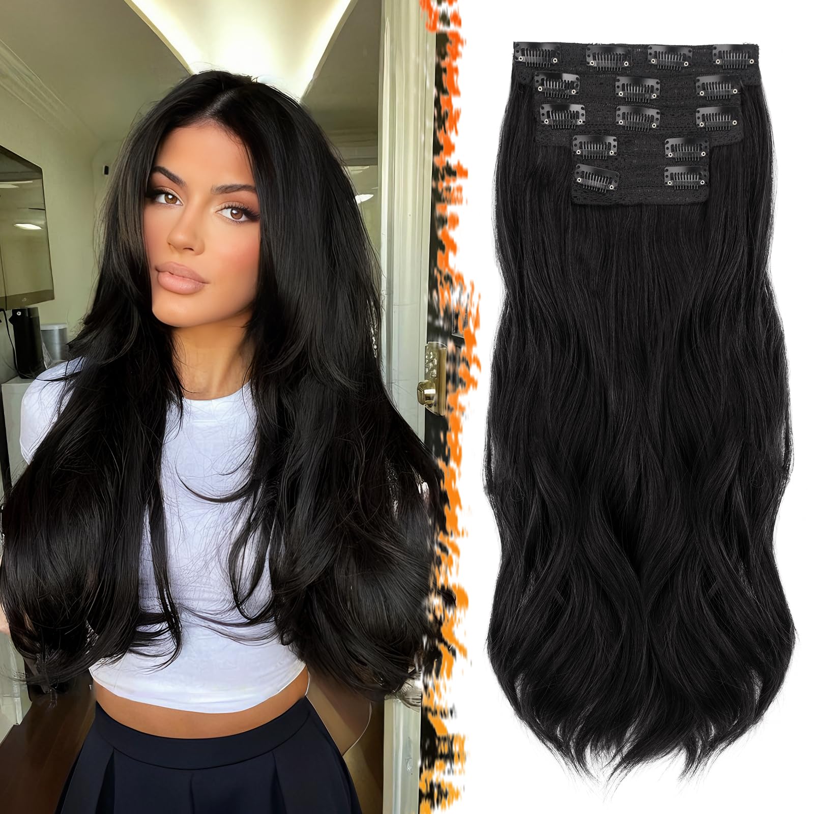BARSDAR Natural Black Clip in Hair Extensions, 20 Inch Soft Wavy Clip in Hair Extensions for Women