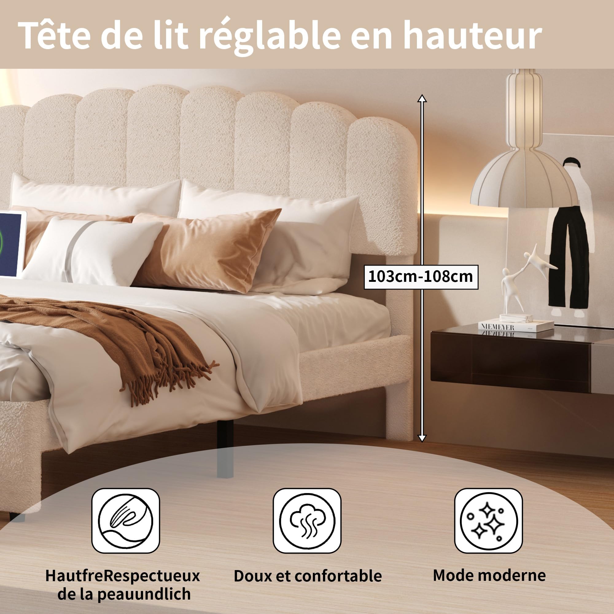 Gestoffeerd tweepersoonsbed met opbergruimte - 160 x 200 cm - Nachtkastje matras - Massief hout en linnen stof
