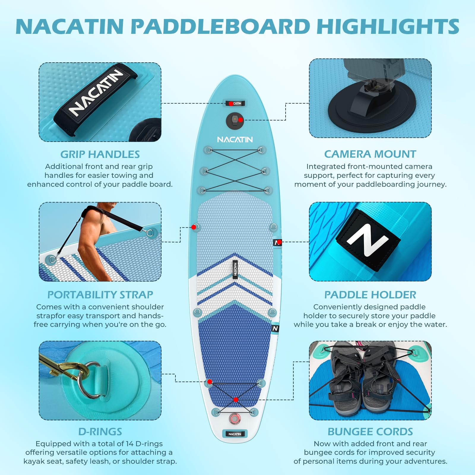 NACATIN - Tableros hinchables de 10'6" con Remo Ajustable Mochila de Viaje, Bomba, Bolsa Impermeable de 10L, Correa, Accesorios incluidos
