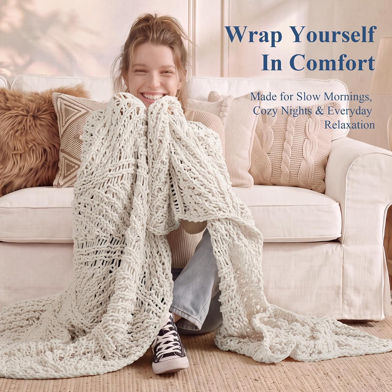Luxury Chenille Throw Blanket, Soft Cable Knit Blanket with Openwork Texture, Decorative Knit Throw for Couch, Sofa & Bed, Cozy All Season Gift for Home Decor, 50x60 inches, Ivory image 4