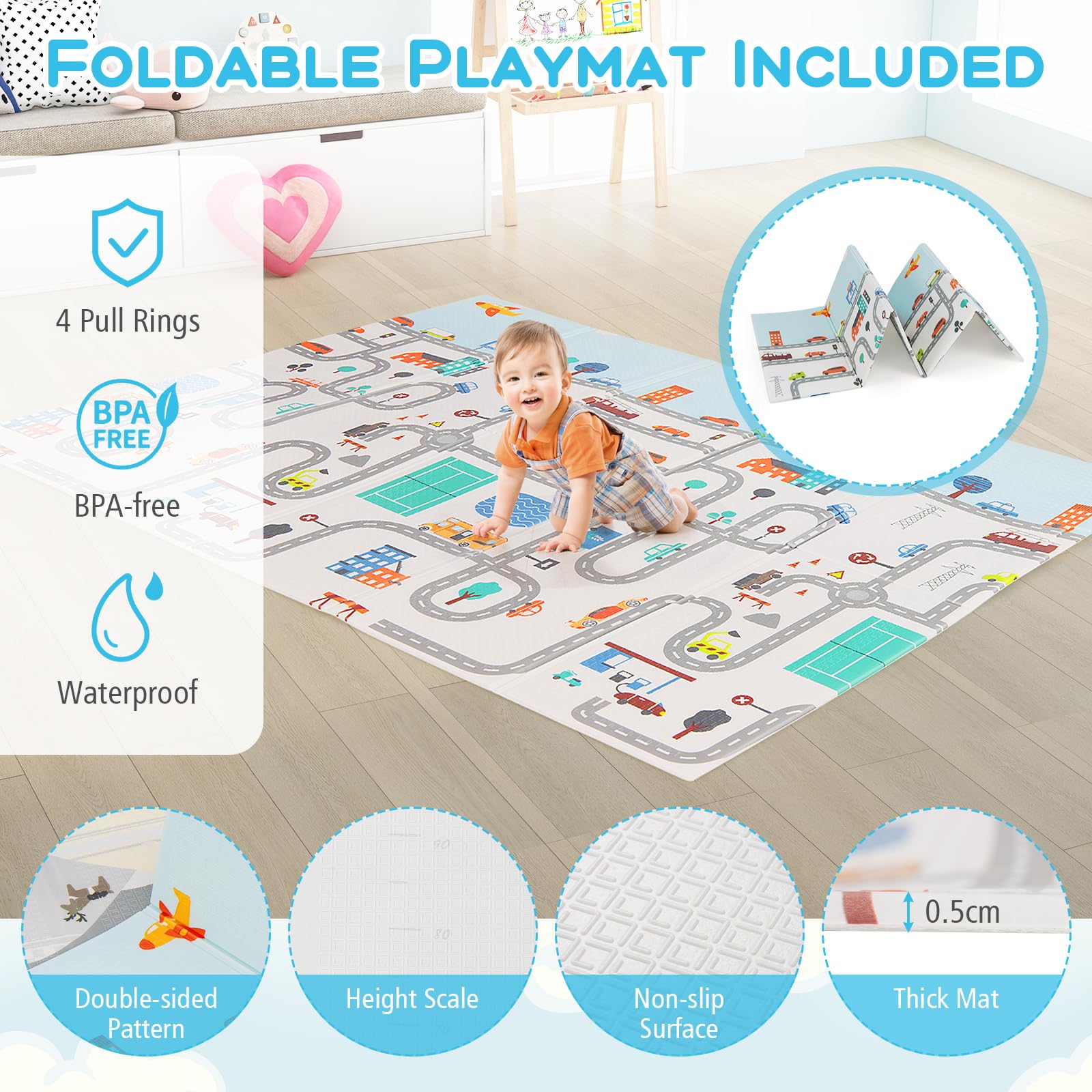 LIFEZEAL Recinto Bambini con Tappeto Gioco, 189x158cm, Box Neonato con Materassino, Box Bimbo 0~36 Mesi con Borsa, Anelli e Palline Colorate, Recinto Neonati in Rete Traspirante (grigio chiaro)