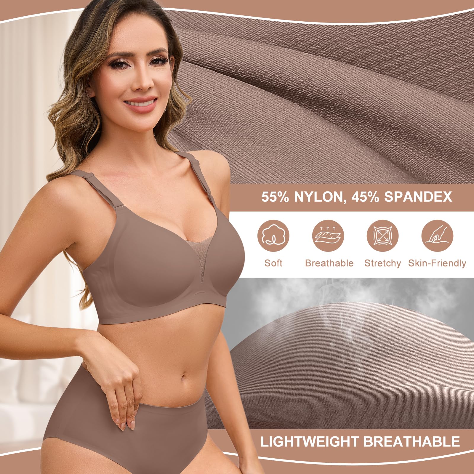 TOMEEK Donna Reggiseno Senza Ferretto Senza Cuciture Reggiseno Donna Comodo Push Up Scollo a V Pizzo Reggiseno Imbottito Bralette Cinghie Regolabili Invisibile