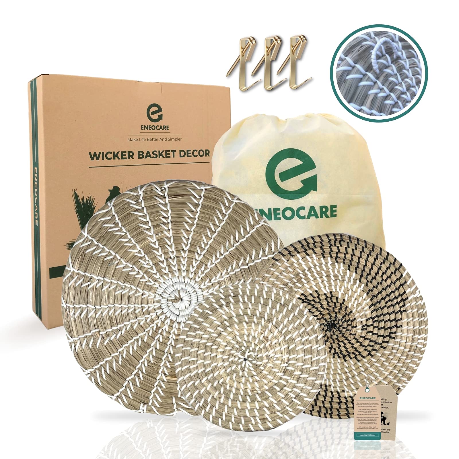 ENEOCAREHandmade Woven Basket Wall Decor - Unique Natural Hanging Boho Basket Wall Decor for Bedroom, Living Room, Kitchen - Decorative Seagrass Wall Decor Bowls and Trays (Style 3)