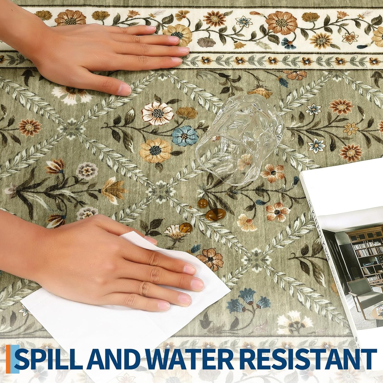 GarveeHome Living Room Rug 5x7 Rug Machine Washable Stain Resistant Area Rug Non Slip Floral Vintage Low Pile Rugs for Living Room, Bedroom, Farmhouse, Dining Room, Kids PlayroomGreen