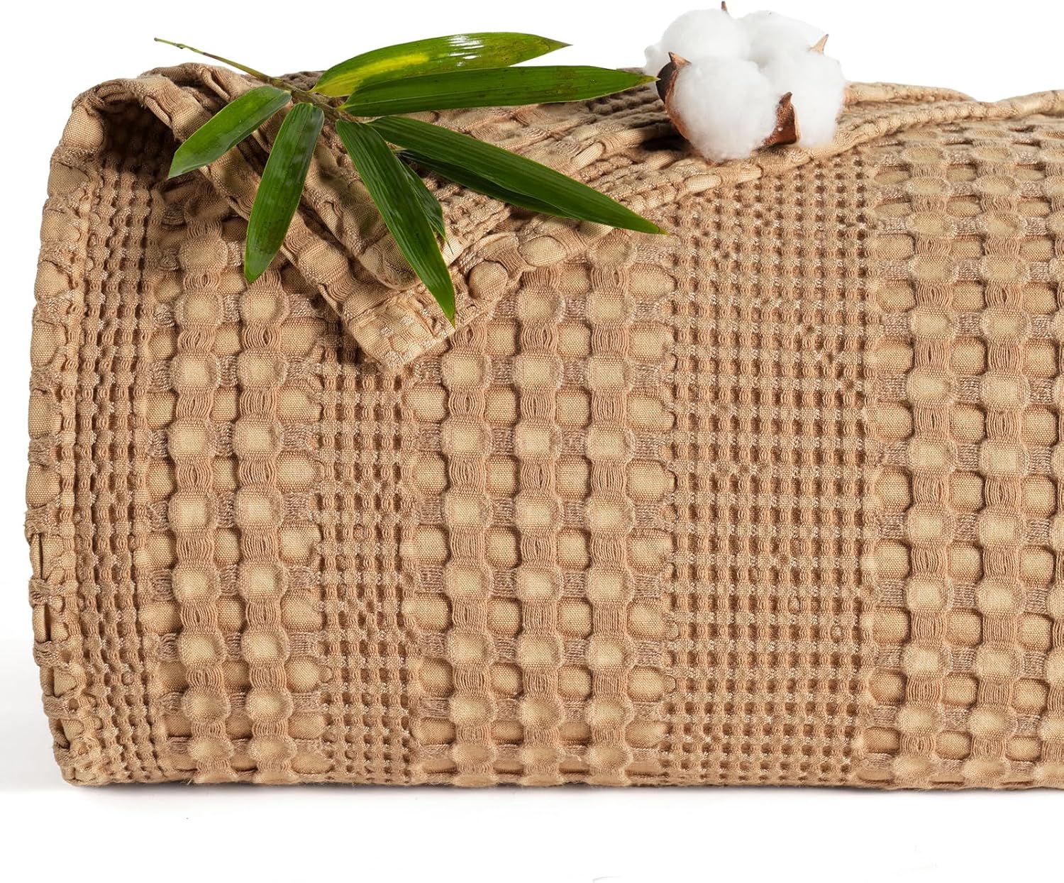 PHF Stone-Washed Cooling Waffle Blanket King Size – Lightweight Breathable Summer Blanket, 60% Rayon Derived from Bamboo & 40% Cotton, Luxuriously Soft for Bed Couch, 104″x90″, Camel