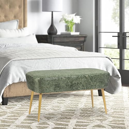 Homebeez Banco de terciopelo de 35 pulgadas de largo, banco otomano con patas de metal dorado, silla de tocador para entrada, sala de estar (verde