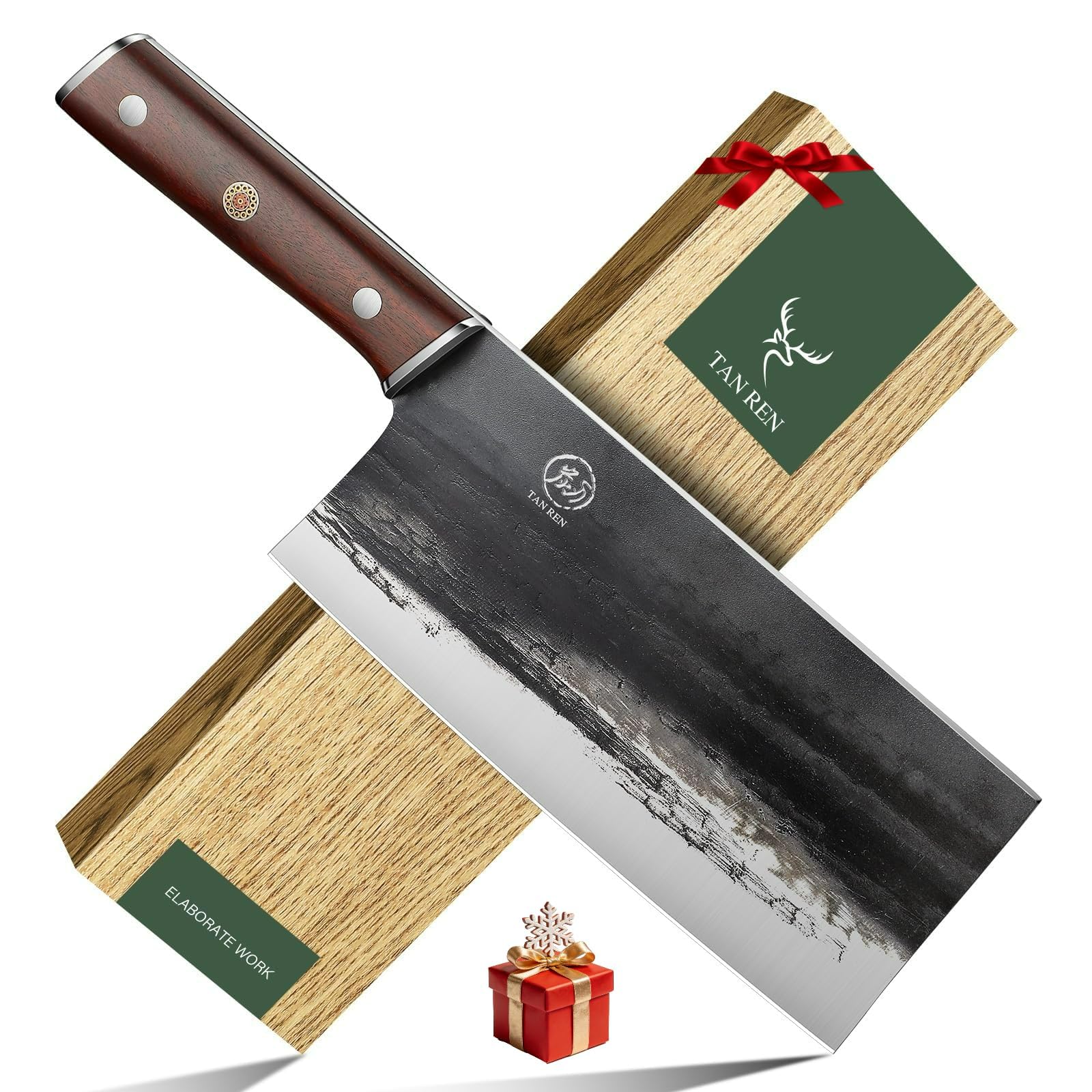 TAN REN Meat Cleaver Knife 8 Inch,High Carbon Steel Chinese Cleaver Heavy Duty Bone Cutting with Wooden Handle,Ultra Sharp Butcher Meat Knife for Home Kitchen