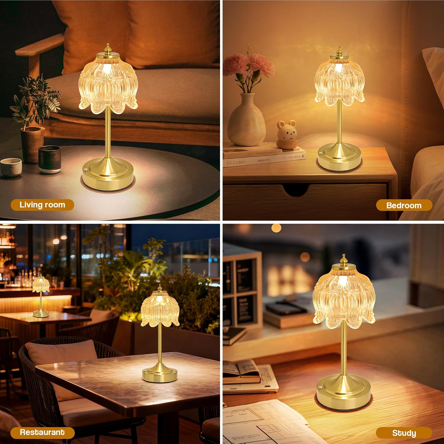 Cordless Lotus Flower Table Lamp, 5200mAh Rechargeable Battery Operated Portable Lamp, 3-Color Dimmable Touch Control Small Desk Lamp for Bedroom, Office, Kitchen, Nightstand,Room Decor (Flower Amber)