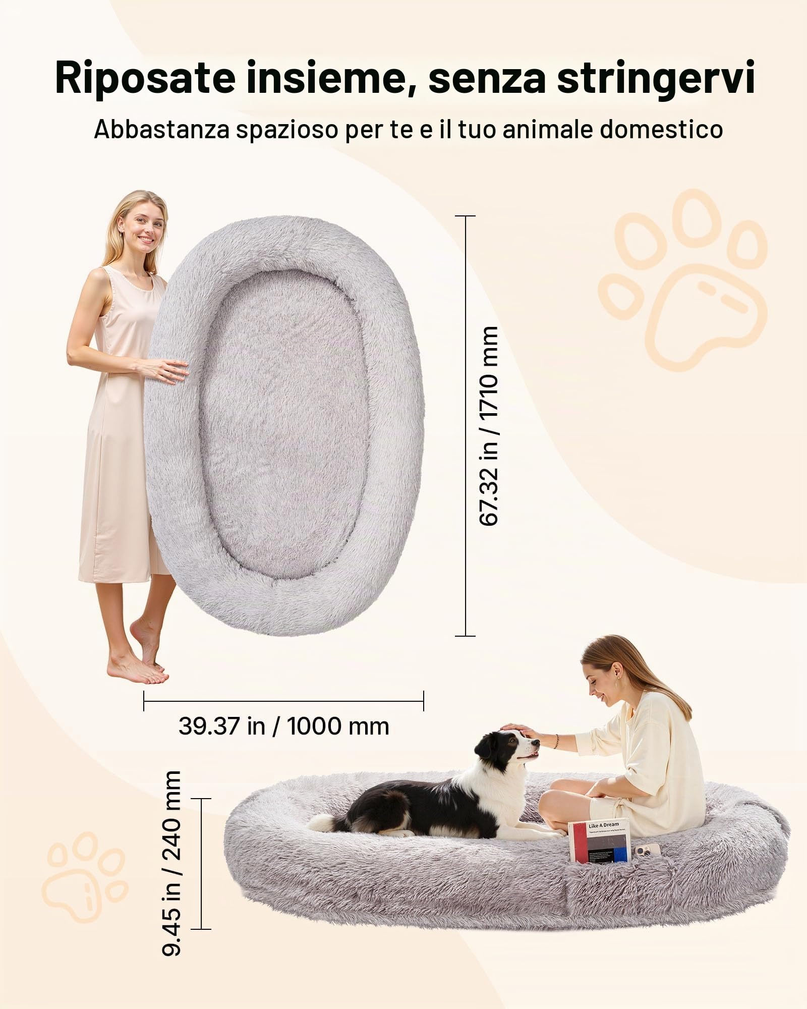 VEVOR Letto Stile Cane per Umani Amici Pelosi da 1710 x 1000 x 240 mm, Letto per Cani a Misura Umana, con Tasca Laterale, Maniglia e Cerniera, Fodera Rimovibile e Lavabile in Lavatrice, Pelo Alto