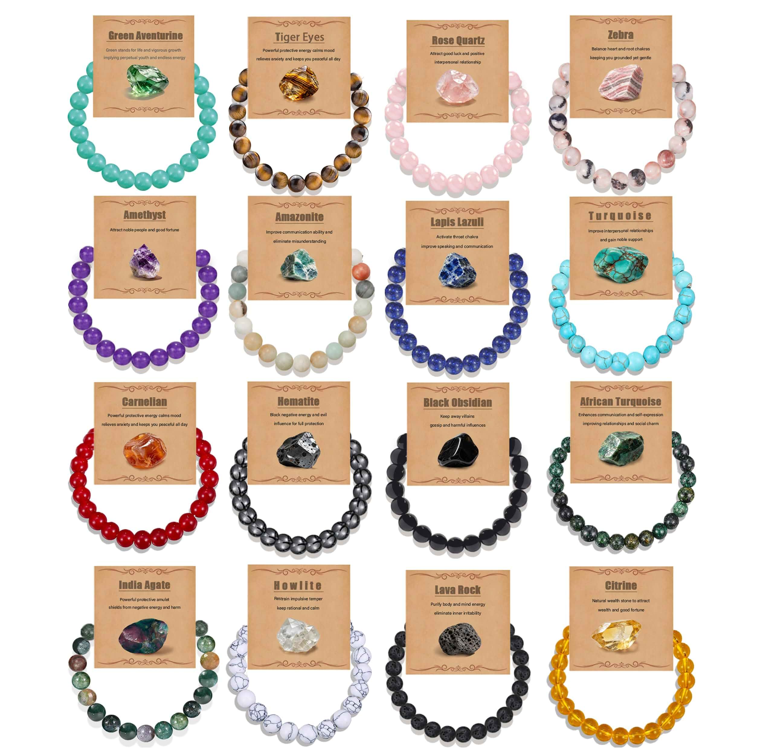 DELUU 16Pcs 8mm Natural Stone Healing Crystal Beaded Bracelet for Women Semi-Precious Gemstone,Tiger Eye,Obsidian,Stretch Design,Durable and Strong, Beads bracelets for Yoga, Holiday Gift