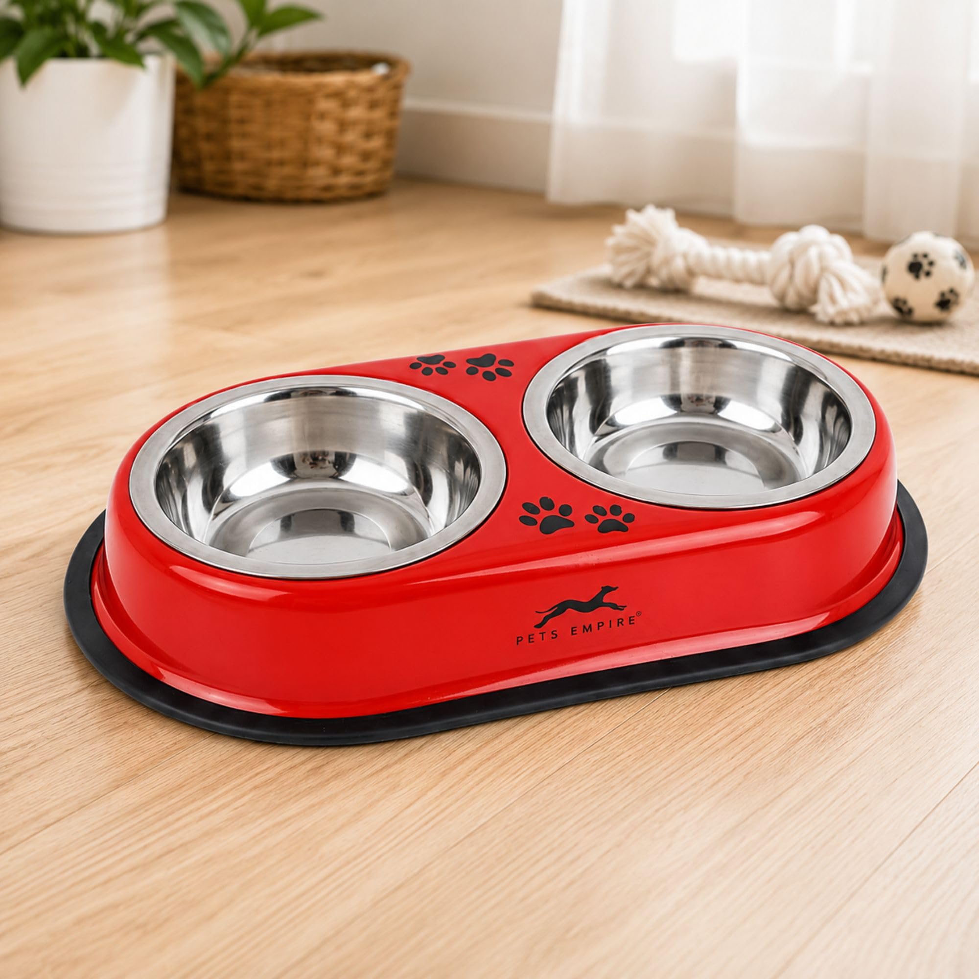 Pets Empire Double Dog & Cat Bowl Diners 2 x 350ml – Stainless Steel Pet Bowl Anti Slip Mat Feeding Bowls with Stand (Red)-image-22