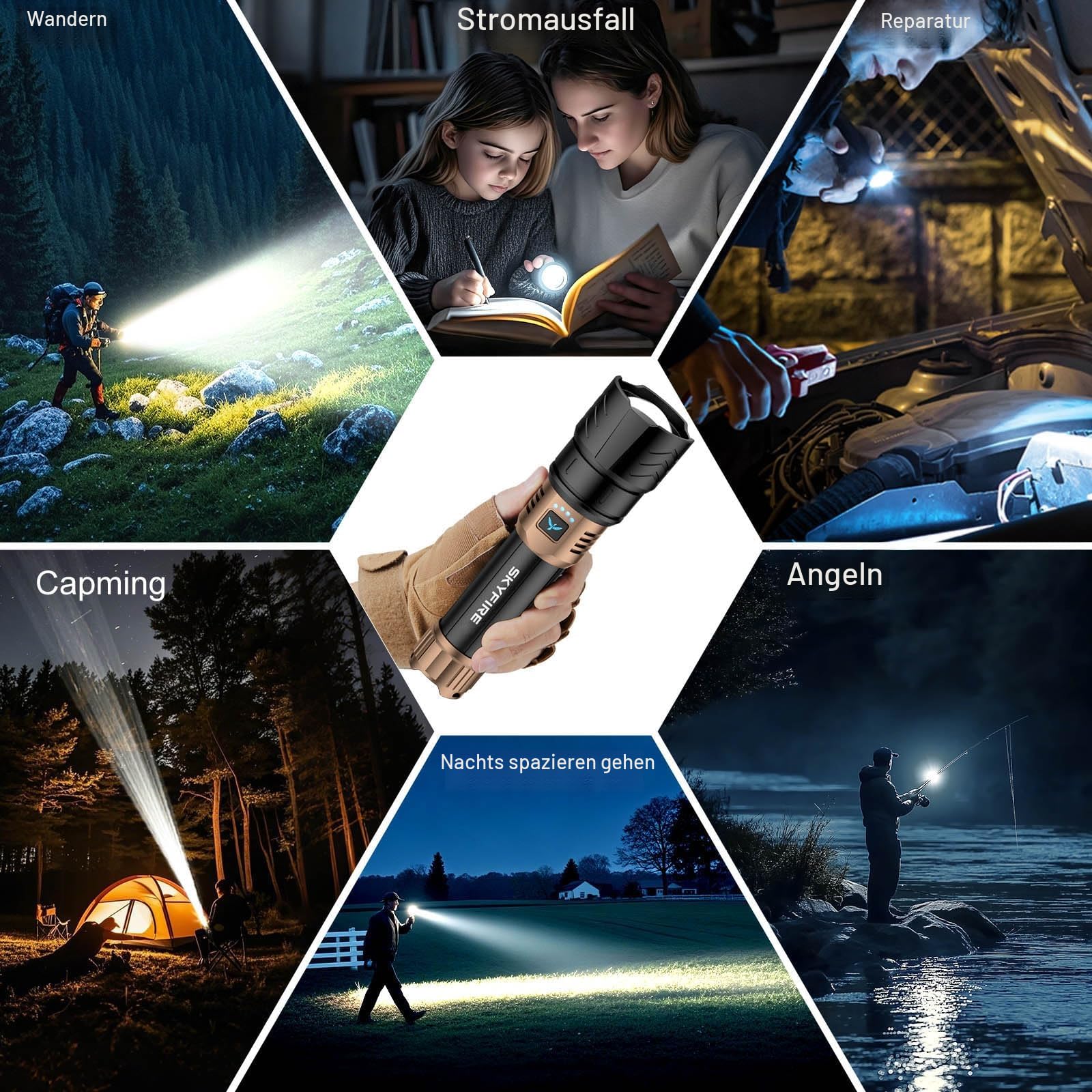 SKYFIRE Taschenlampe LED Aufladbar 5000 Lumen, Taschenlampen extrem hell Zoombar mit Feuerzündungs-Linse für Camping & Notfälle, 4 Helligkeitsstufen, Wiederaufladbare mit Powerbank-Funktion