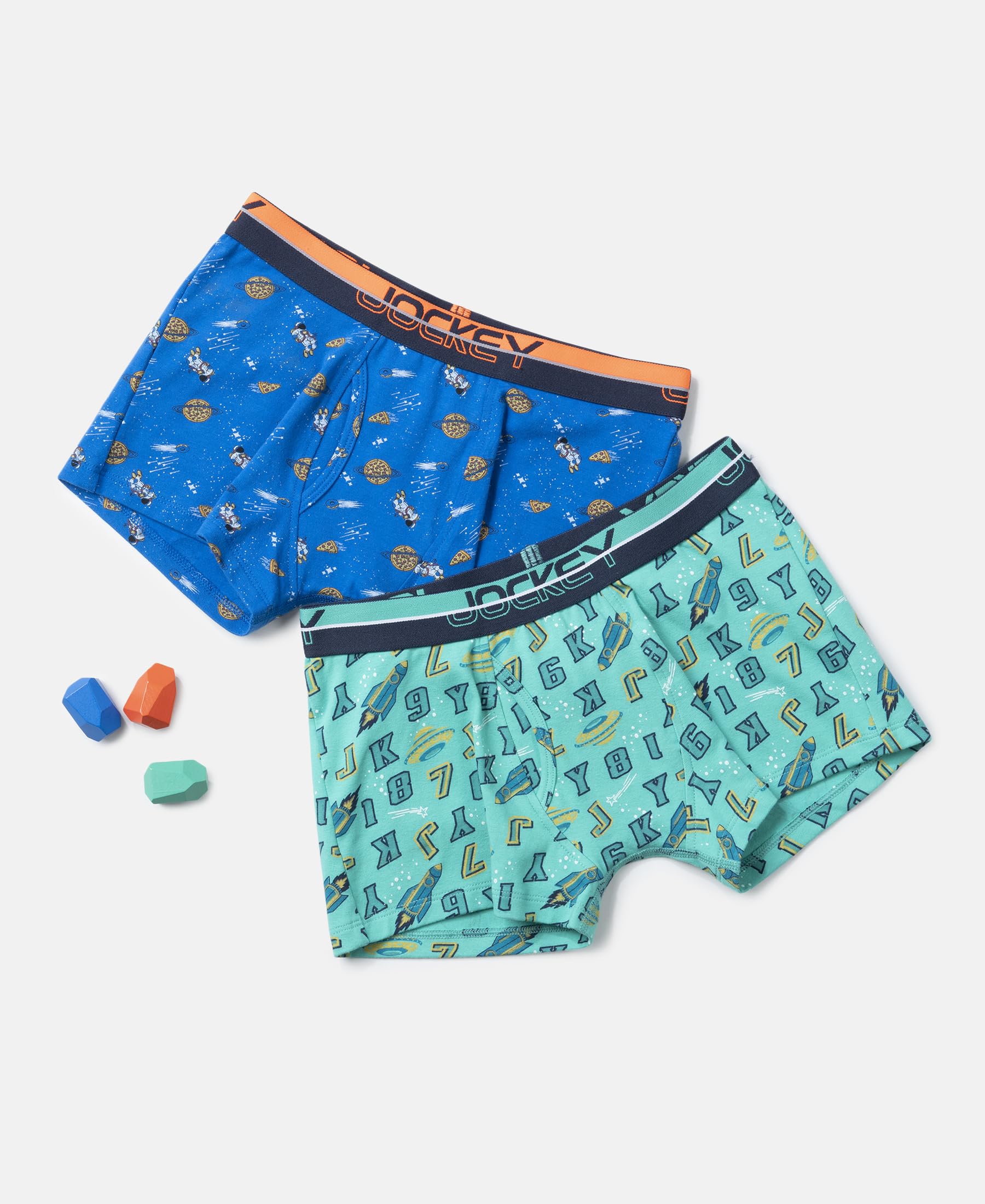 Jockey PB03 Boys Super Combed Cotton Elastane Stretch Printed Trunk with Ultrasoft Waistband (Pack of 2)_Billiard Green & Rich Royal Blue_7-8 Yrs - Image 6 thumbnail
